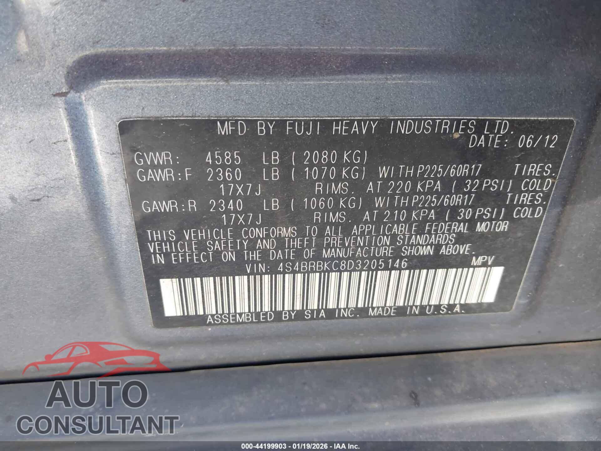 SUBARU OUTBACK 2013 - 4S4BRBKC8D3205146