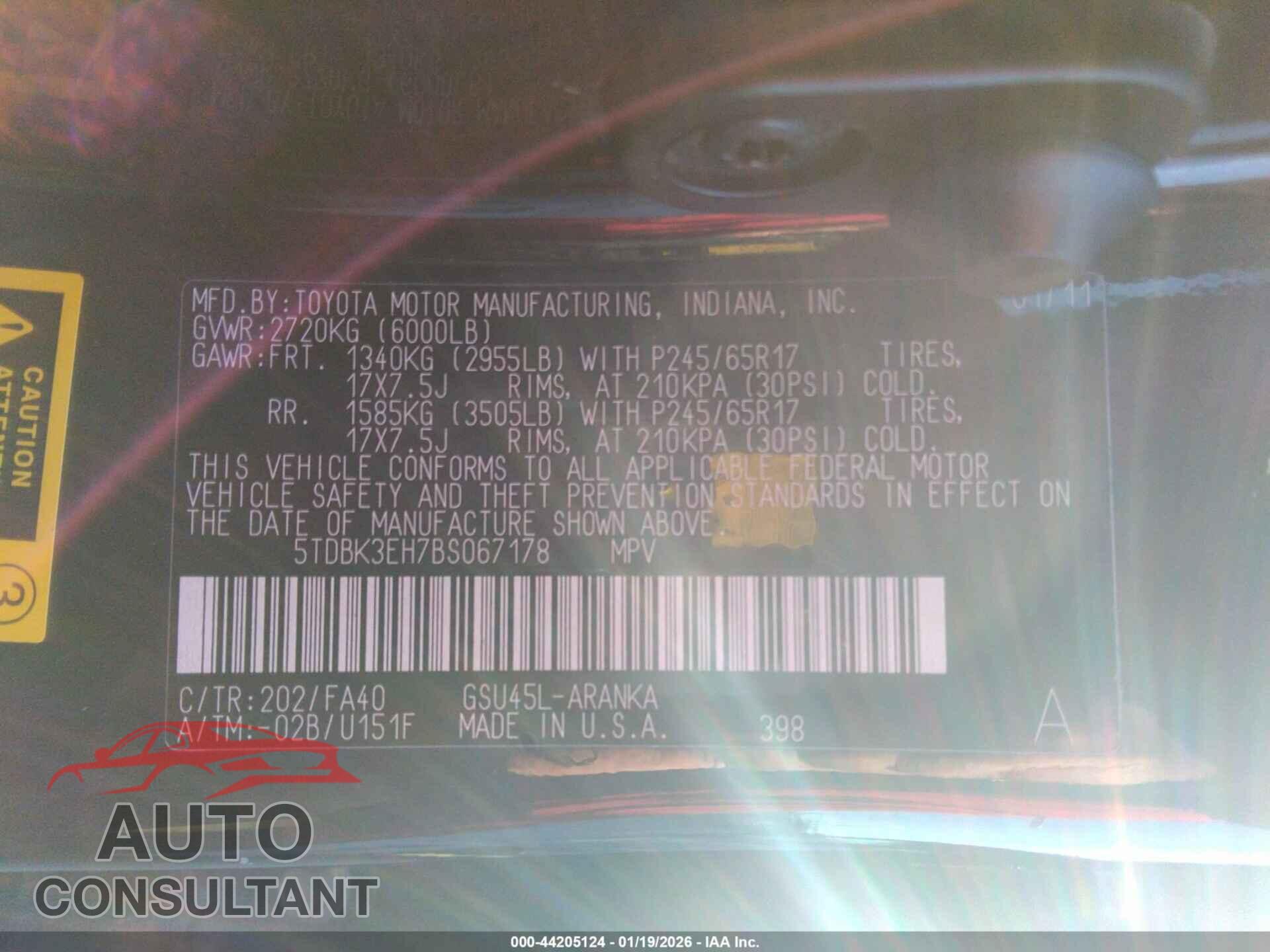 TOYOTA HIGHLANDER 2011 - 5TDBK3EH7BS067178