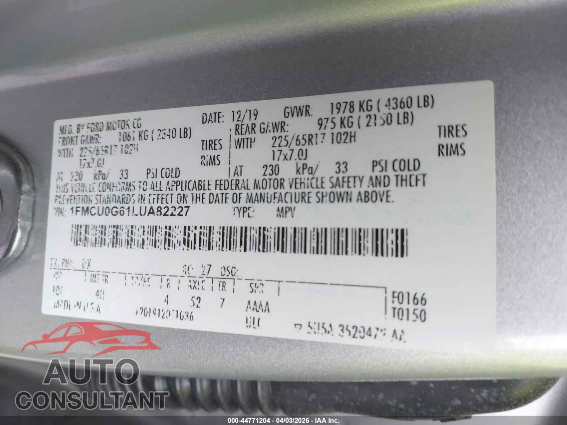 FORD ESCAPE 2020 - 1FMCU0G61LUA82227