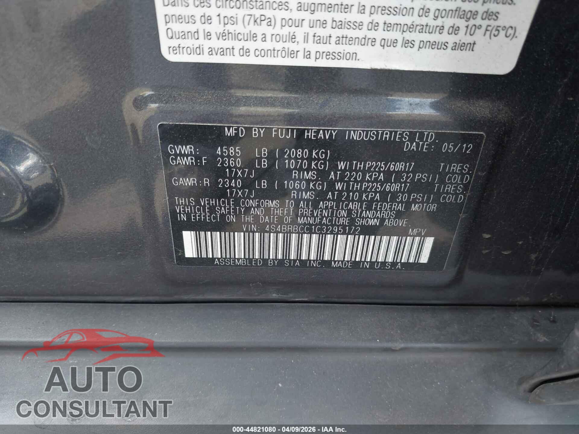 SUBARU OUTBACK 2012 - 4S4BRBCC1C3295172