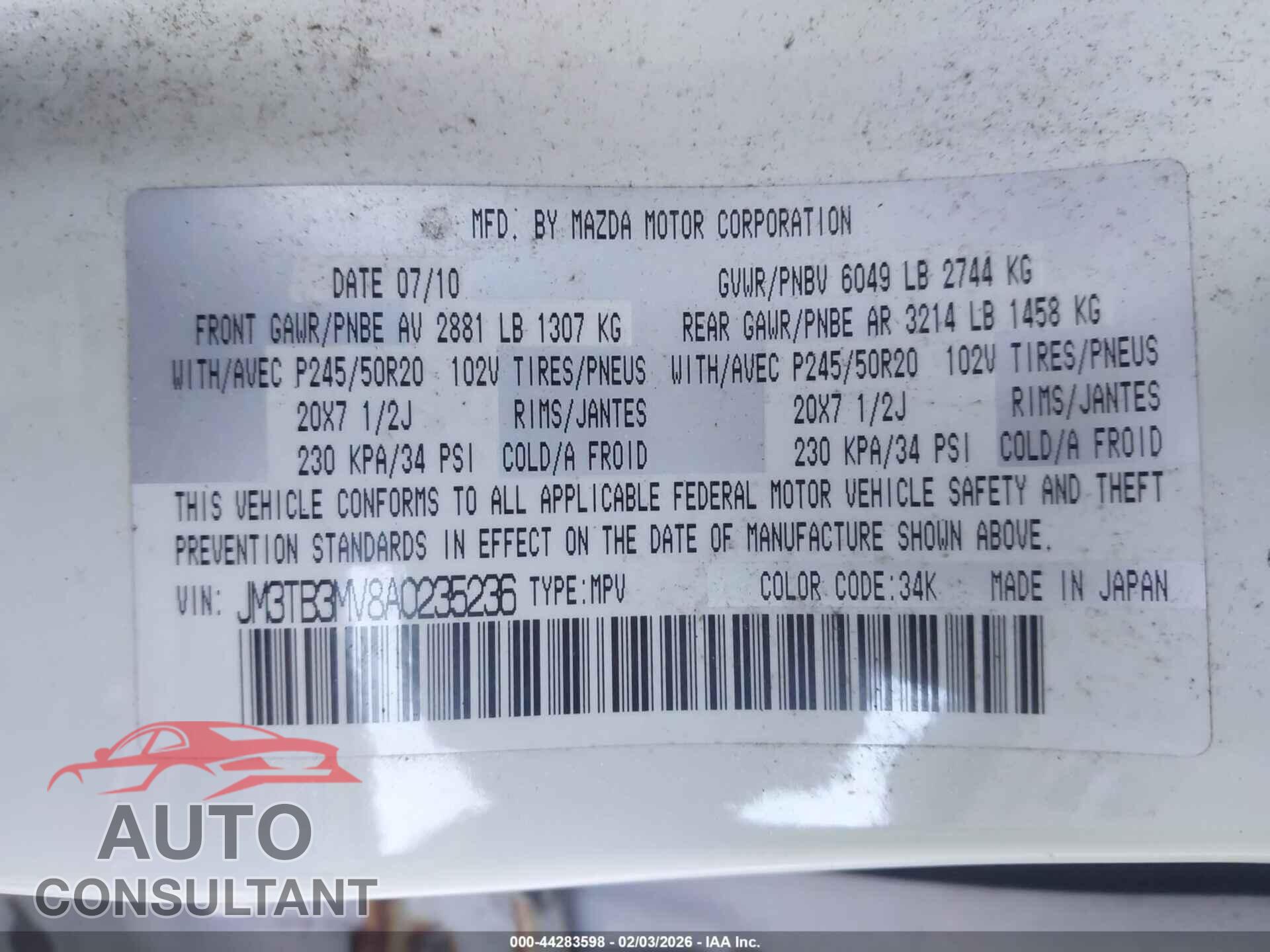 MAZDA CX-9 2010 - JM3TB3MV8A0235236