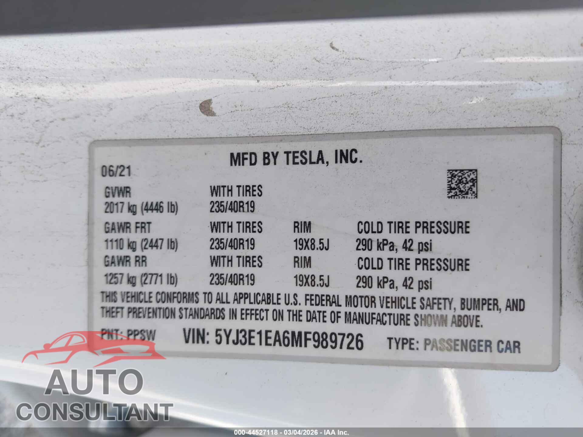 TESLA MODEL 3 2021 - 5YJ3E1EA6MF989726