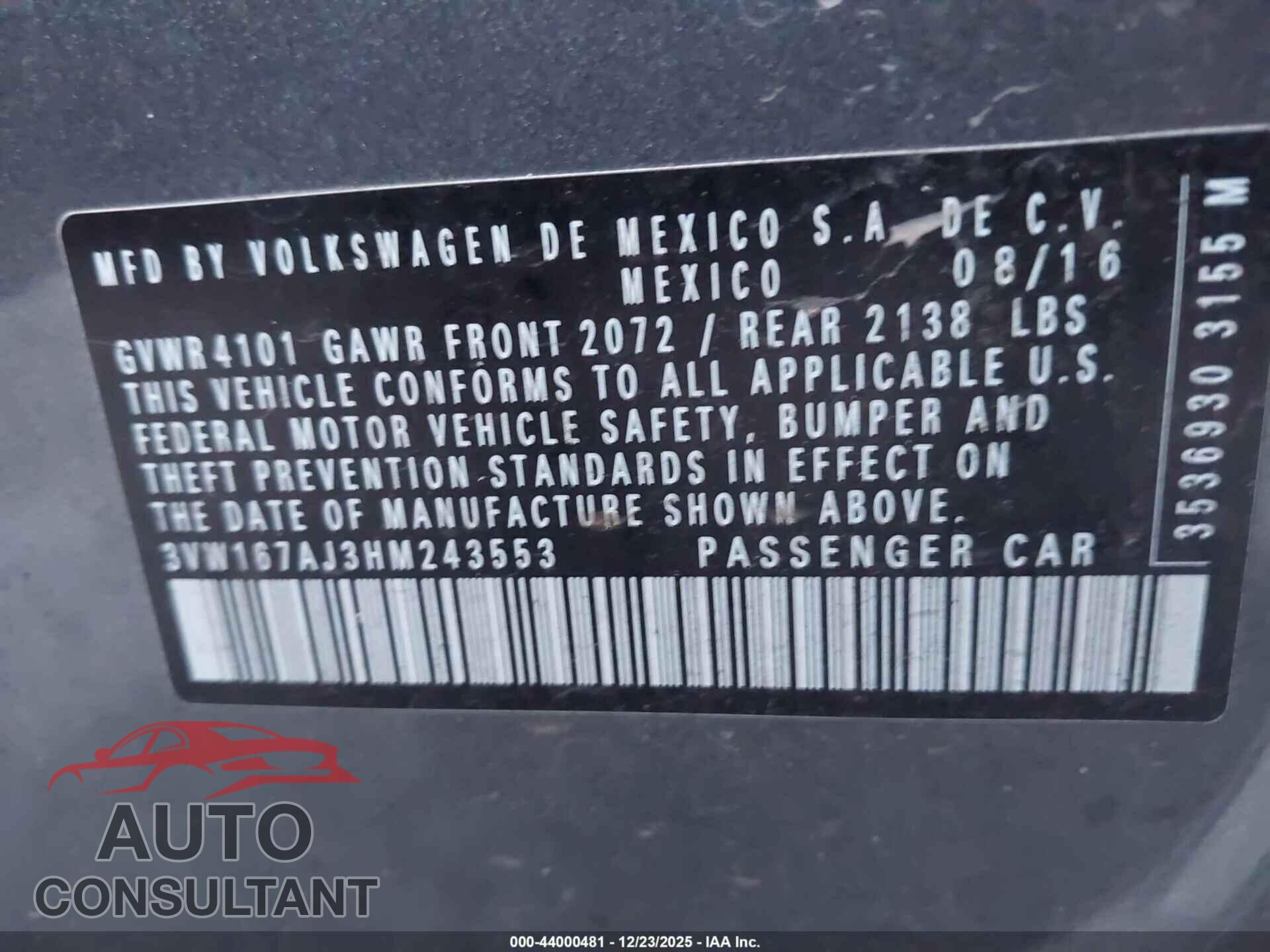 VOLKSWAGEN JETTA 2017 - 3VW167AJ3HM243553