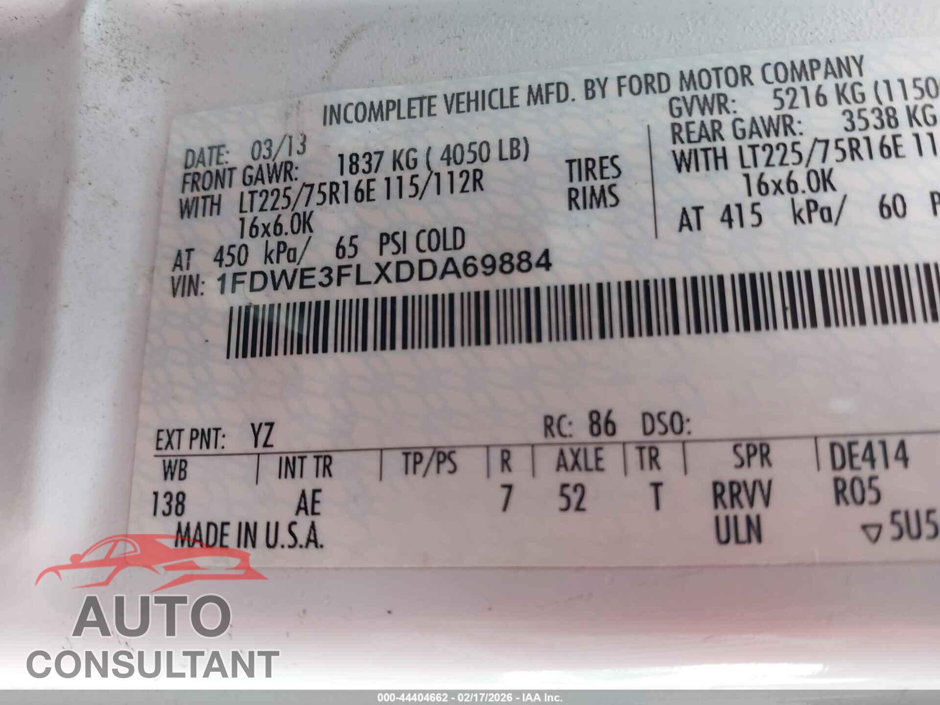 FORD E-350 CUTAWAY 2013 - 1FDWE3FLXDDA69884