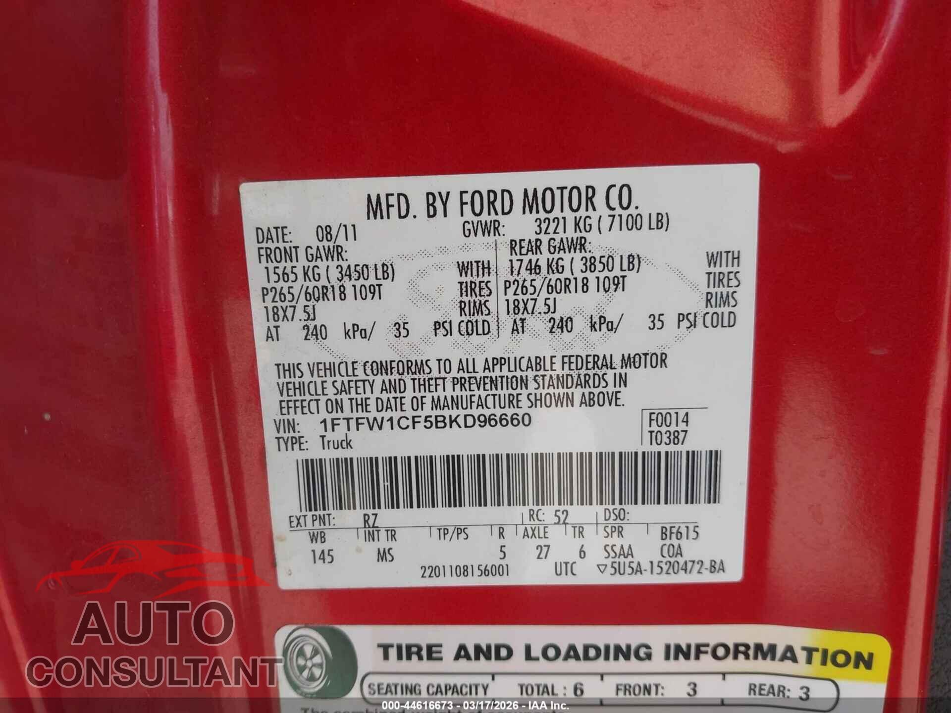 FORD F-150 2011 - 1FTFW1CF5BKD96660