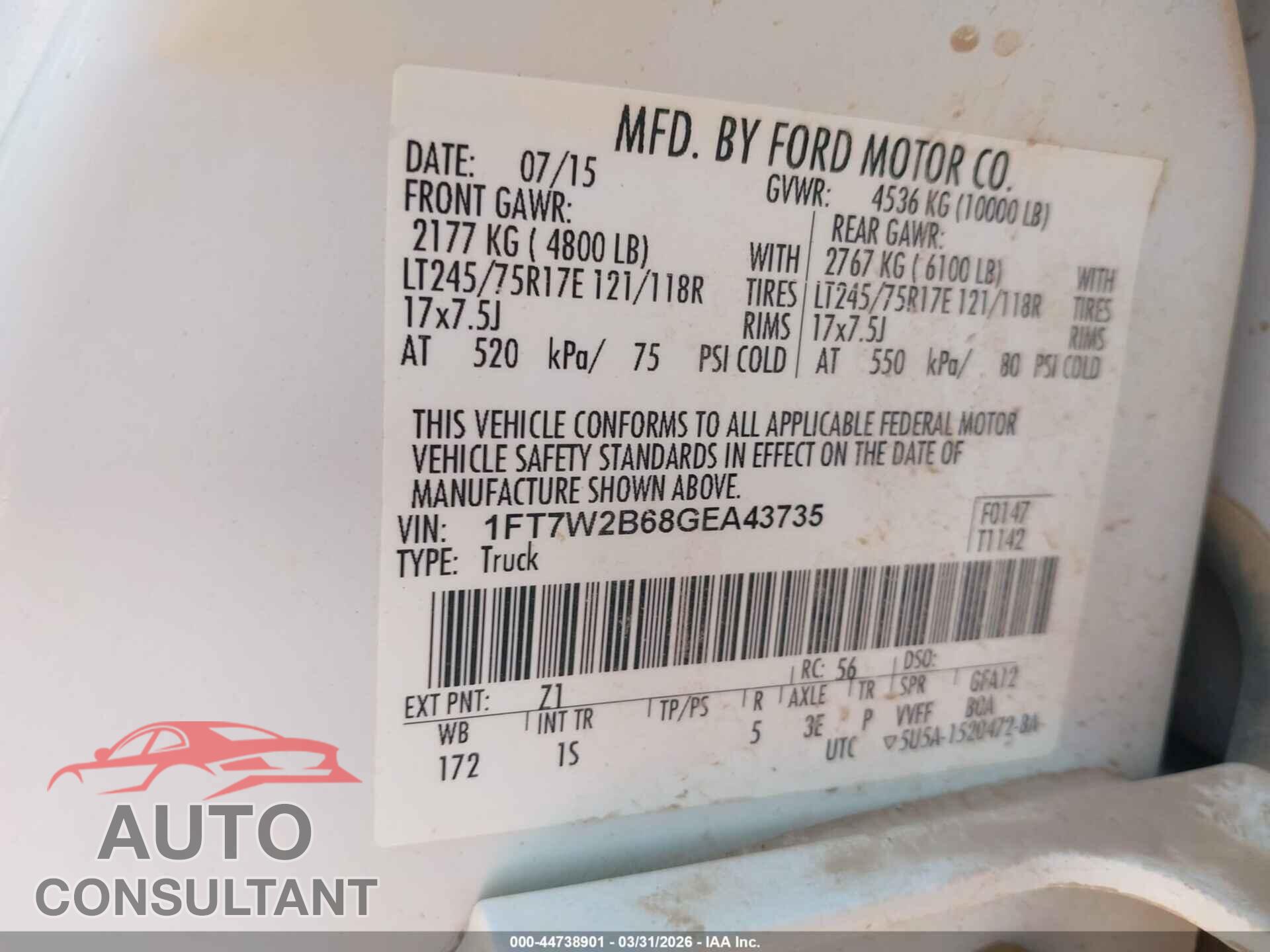 FORD F-250 2016 - 1FT7W2B68GEA43735
