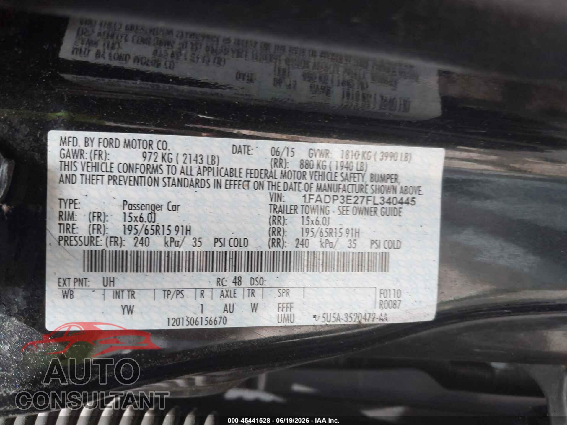FORD FOCUS 2015 - 1FADP3E27FL340445