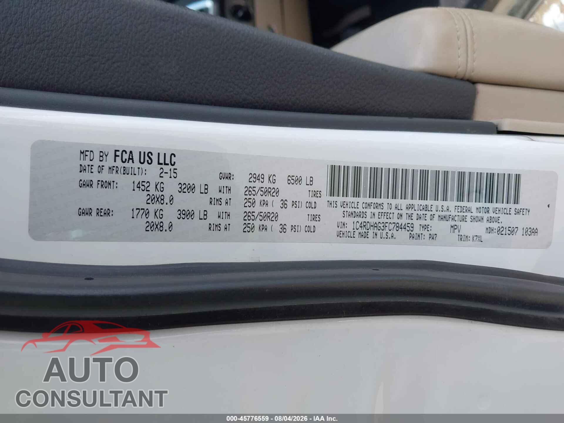 DODGE DURANGO 2015 - 1C4RDHAG3FC784459