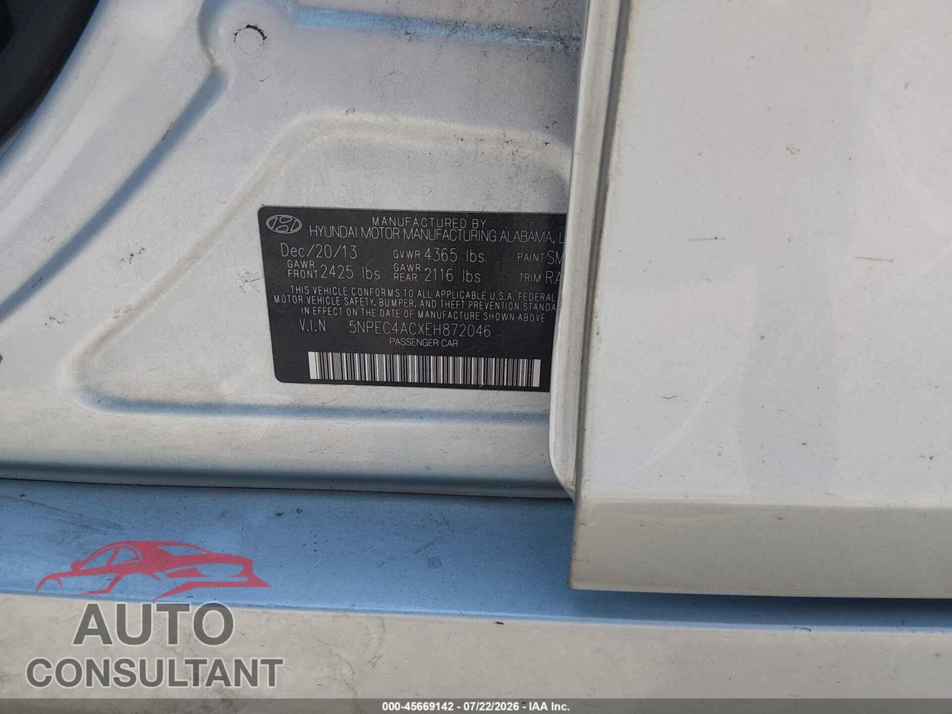 HYUNDAI SONATA 2014 - 5NPEC4ACXEH872046