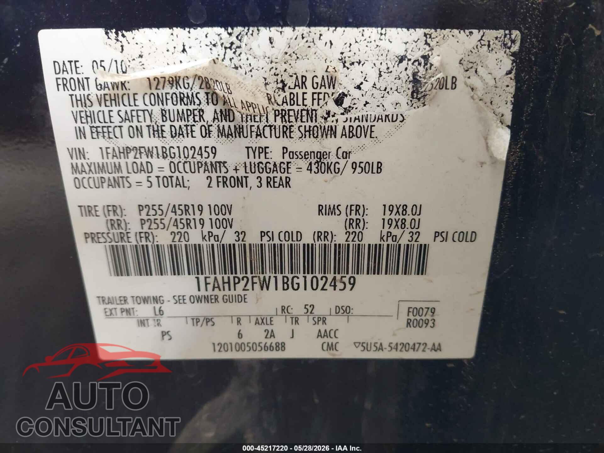 FORD TAURUS 2011 - 1FAHP2FW1BG102459