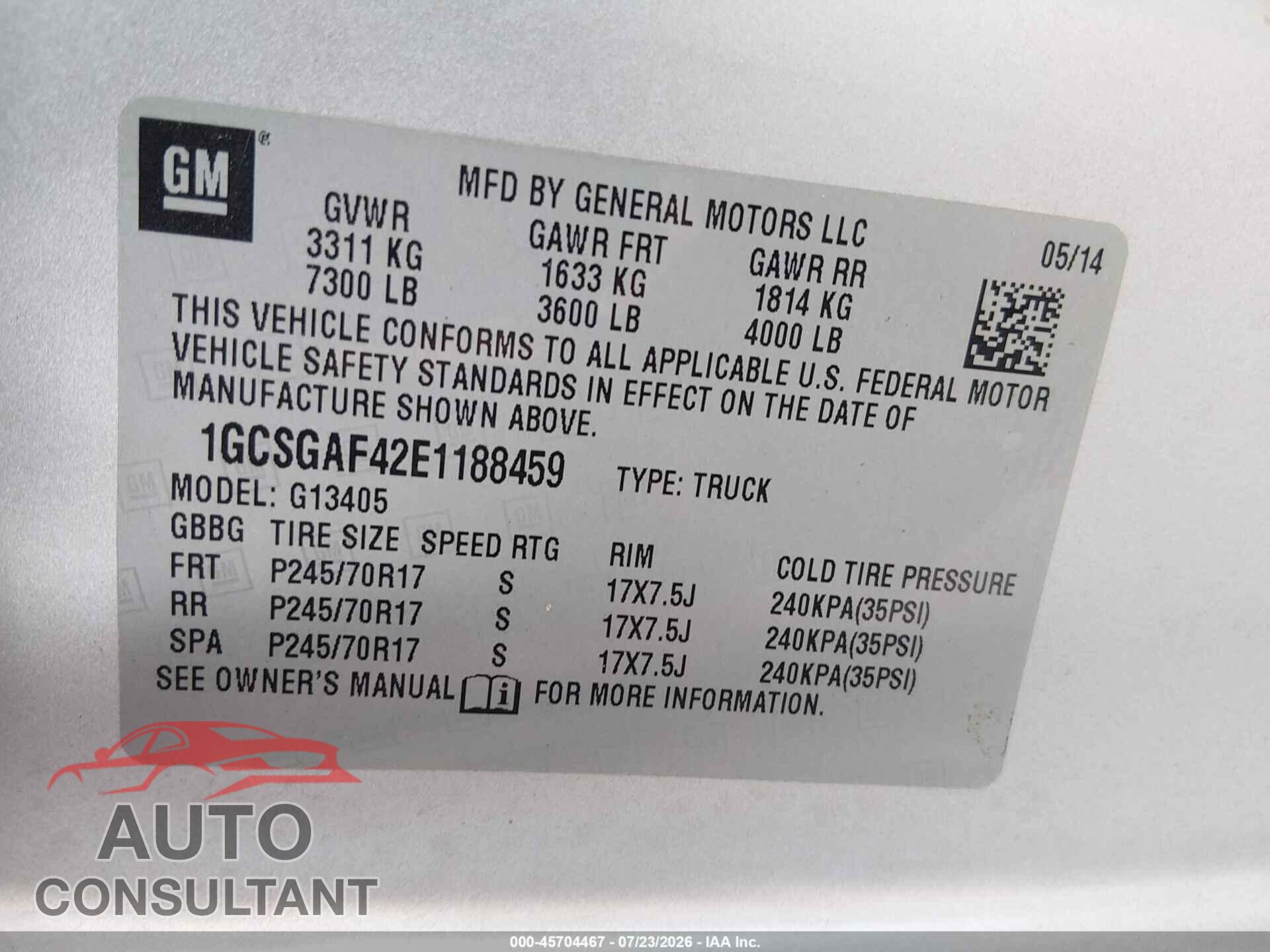CHEVROLET EXPRESS 1500 2014 - 1GCSGAF42E1188459