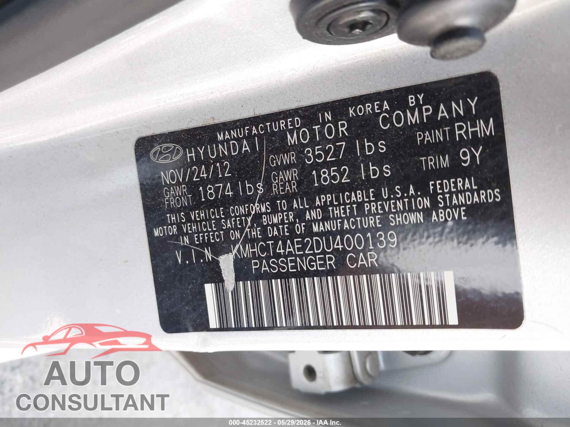 HYUNDAI ACCENT 2013 - KMHCT4AE2DU400139