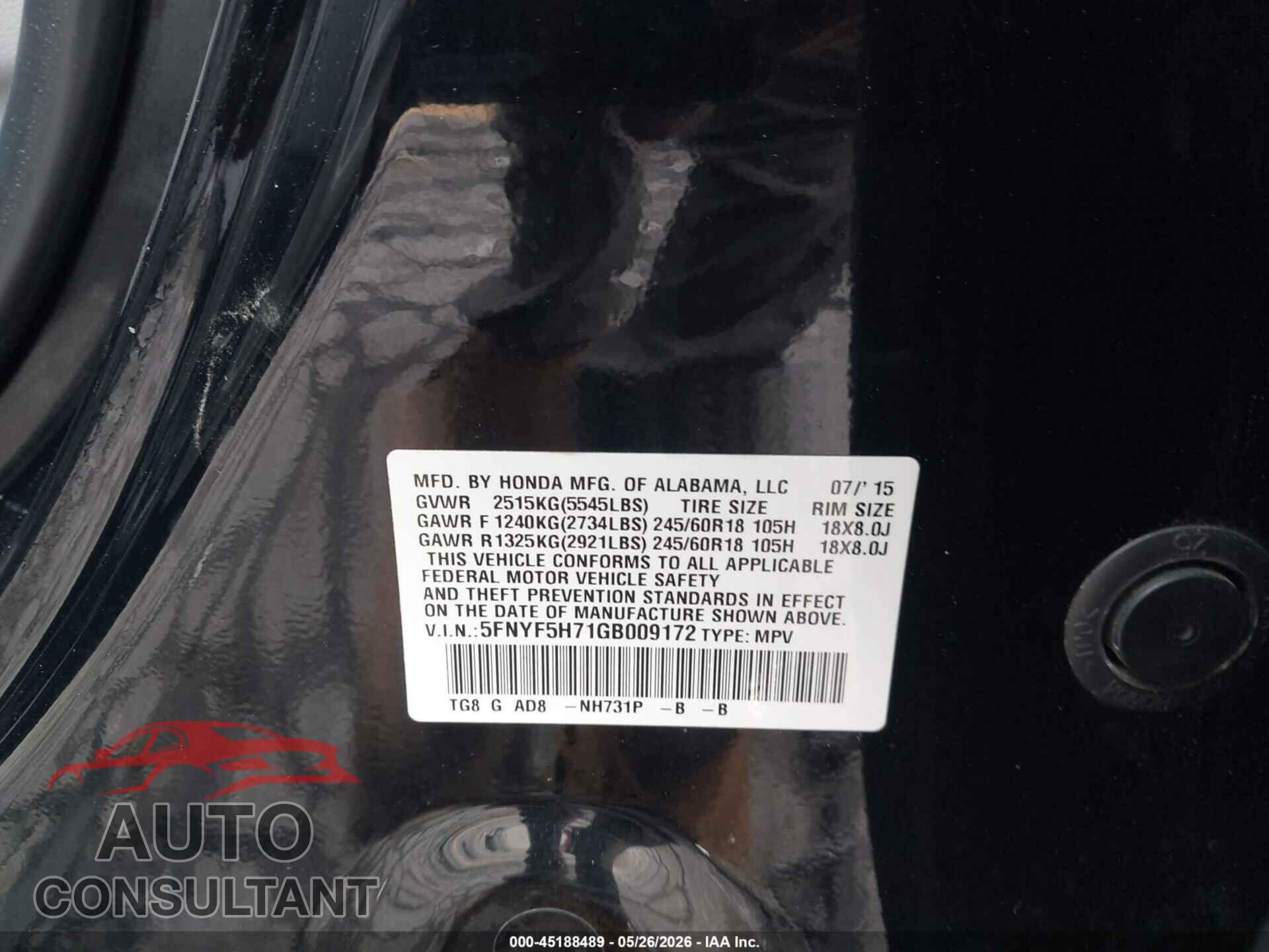 HONDA PILOT 2016 - 5FNYF5H71GB009172