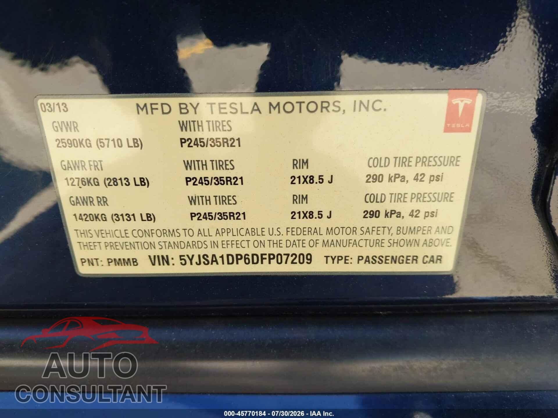 TESLA MODEL S 2013 - 5YJSA1DP6DFP07209