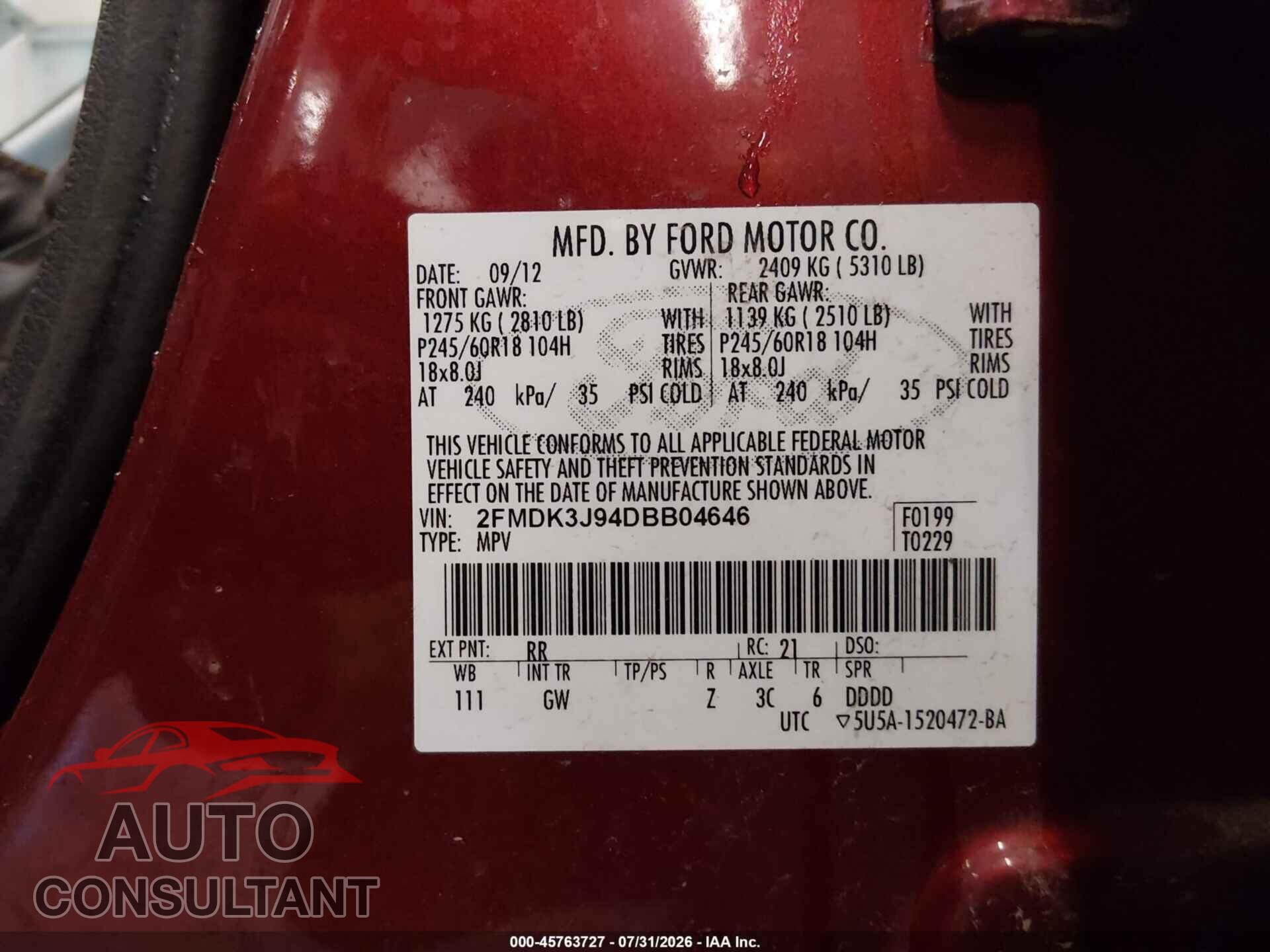 FORD EDGE 2013 - 2FMDK3J94DBB04646