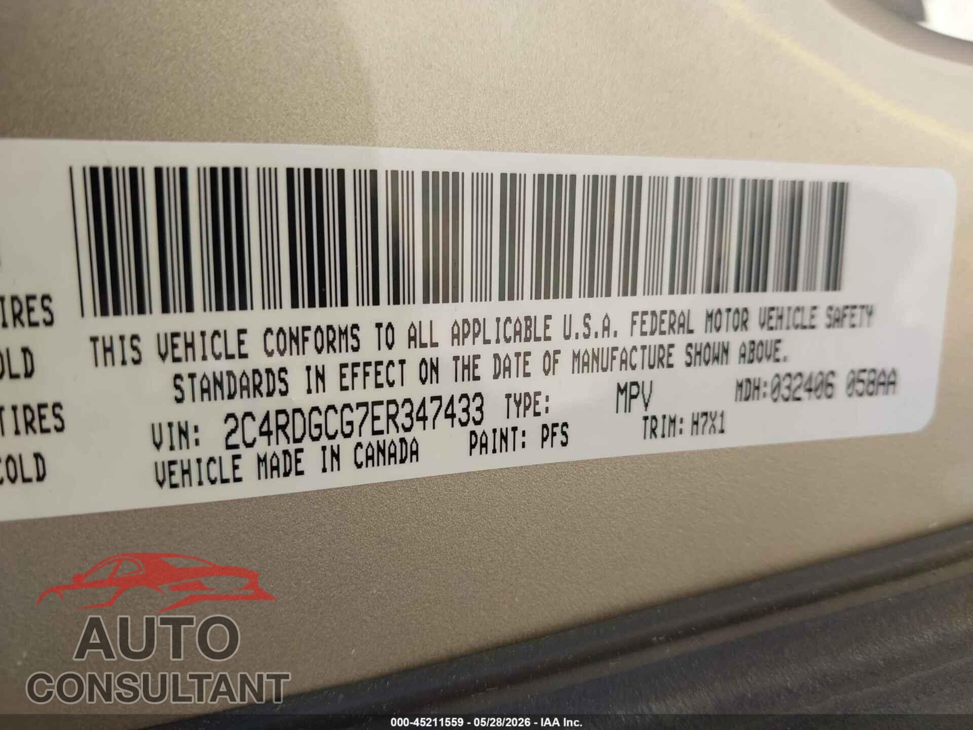 DODGE GRAND CARAVAN 2014 - 2C4RDGCG7ER347433