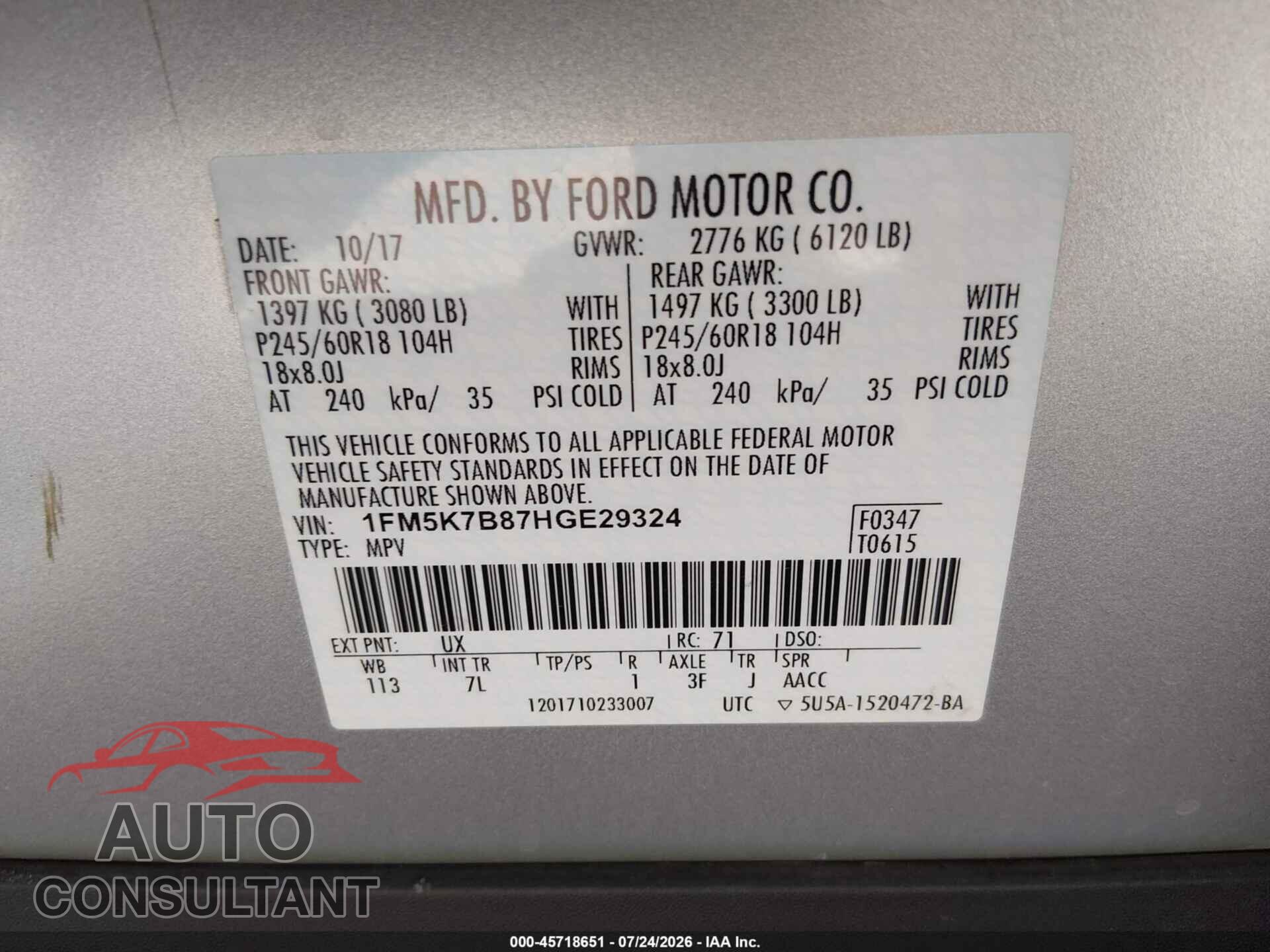 FORD EXPLORER 2017 - 1FM5K7B87HGE29324