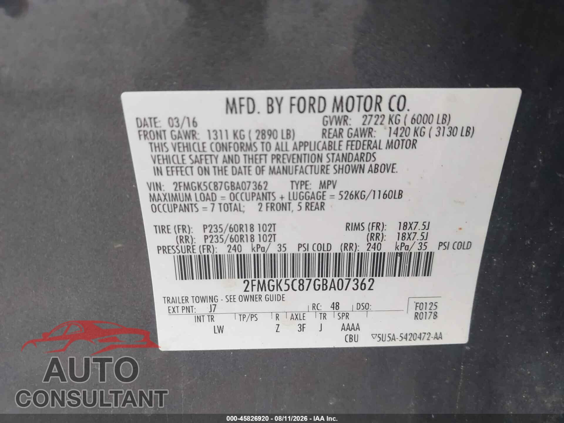 FORD FLEX 2016 - 2FMGK5C87GBA07362