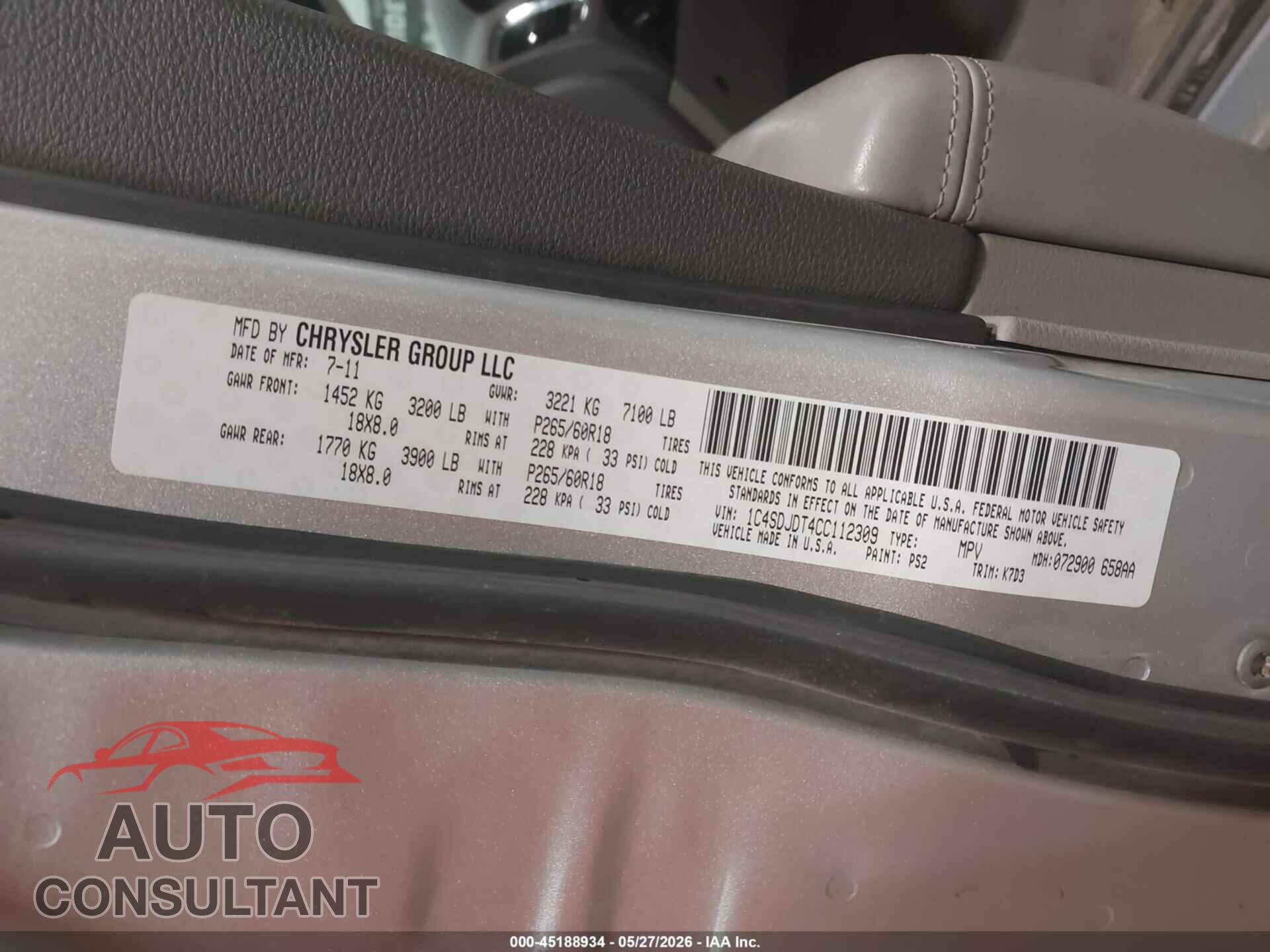 DODGE DURANGO 2012 - 1C4SDJDT4CC112309