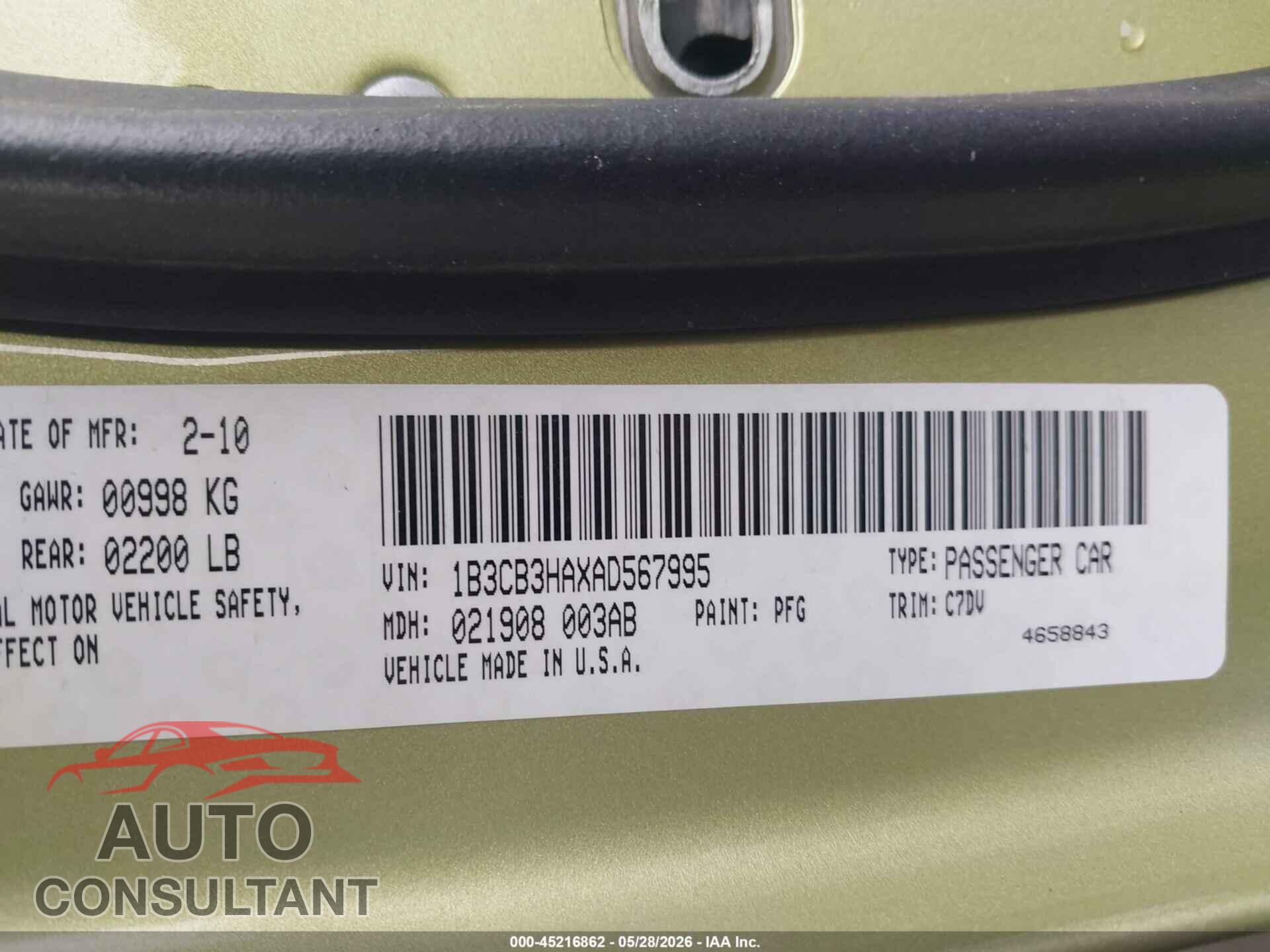 DODGE CALIBER 2010 - 1B3CB3HAXAD567995