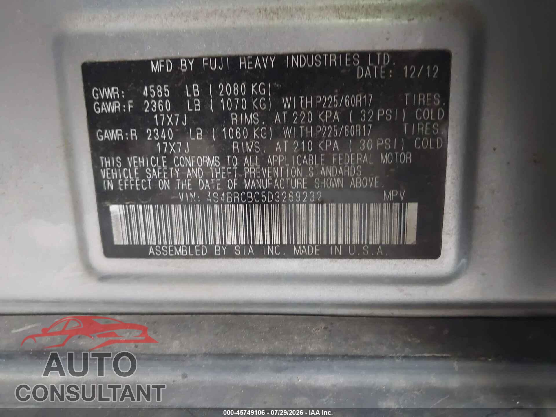 SUBARU OUTBACK 2013 - 4S4BRCBC5D3269232