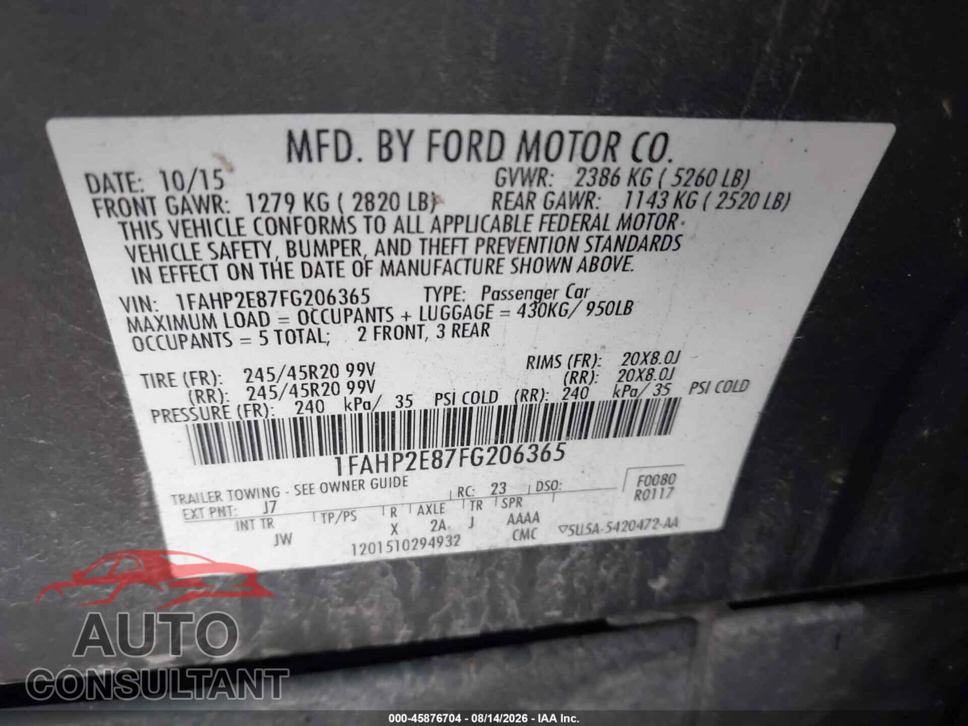 FORD TAURUS 2015 - 1FAHP2E87FG206365