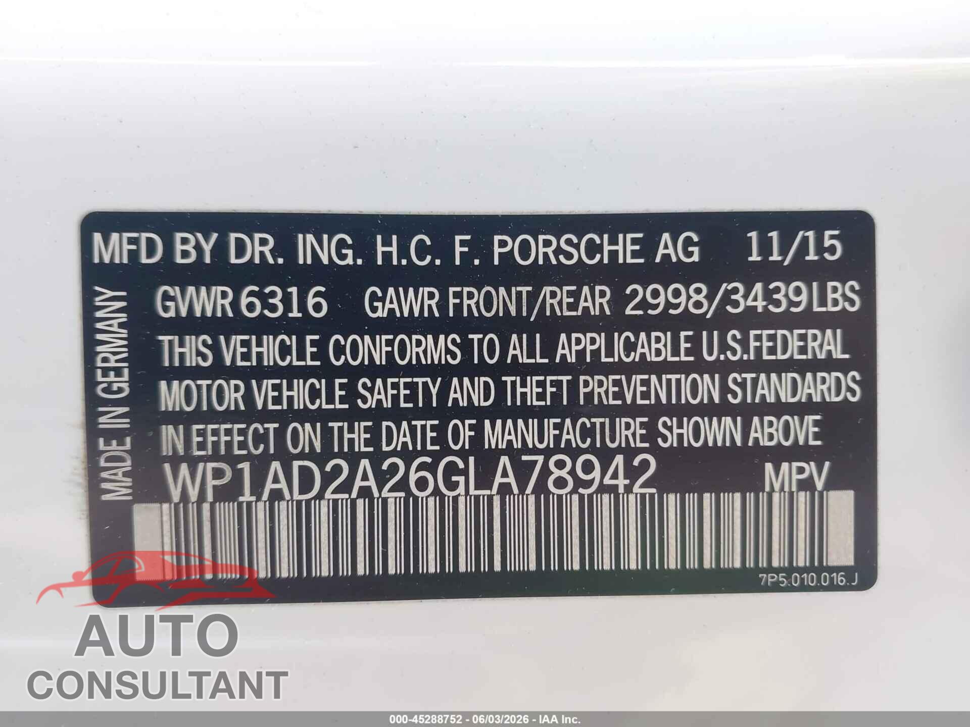PORSCHE CAYENNE 2016 - WP1AD2A26GLA78942