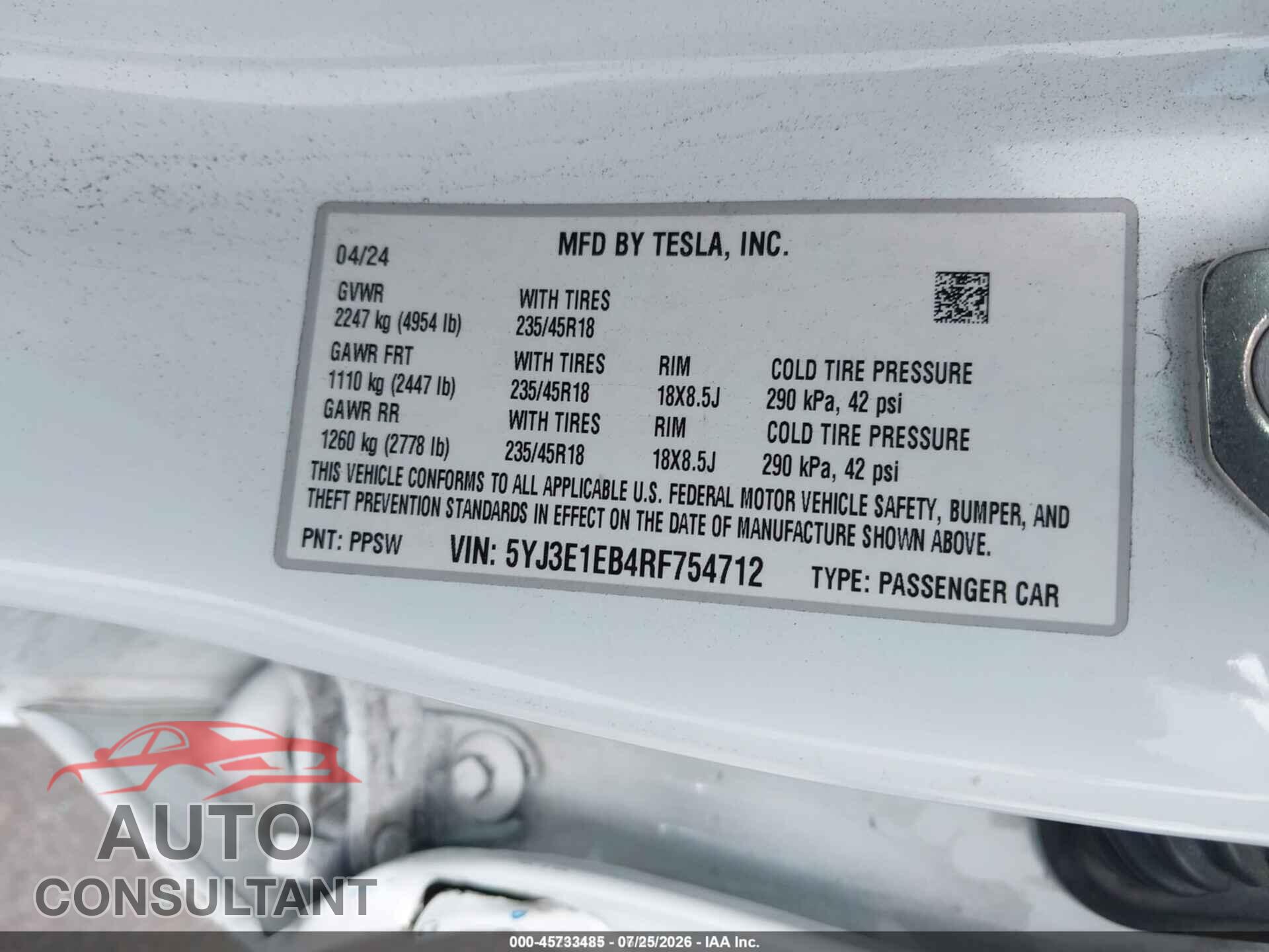 TESLA MODEL 3 2024 - 5YJ3E1EB4RF754712