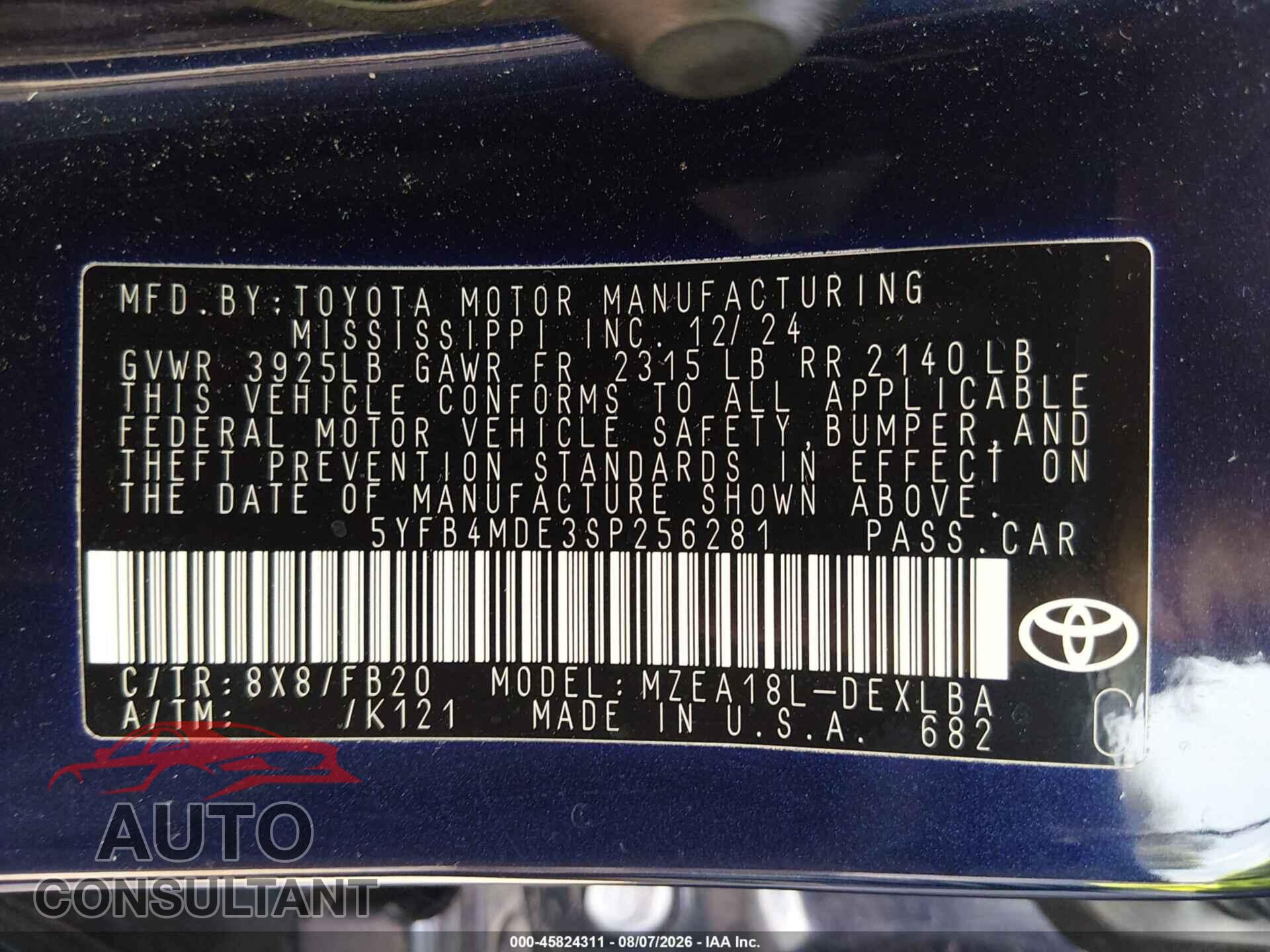 TOYOTA COROLLA 2025 - 5YFB4MDE3SP256281
