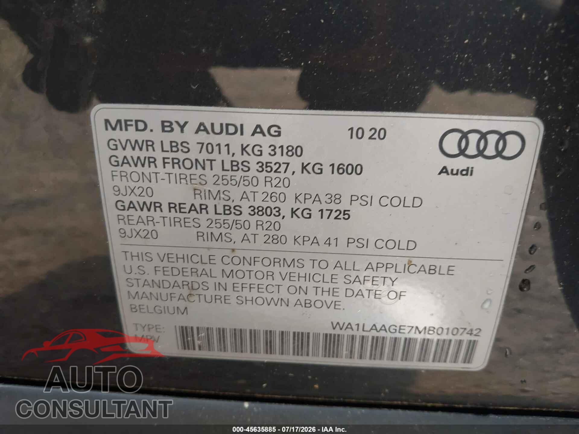 AUDI E-TRON 2021 - WA1LAAGE7MB010742