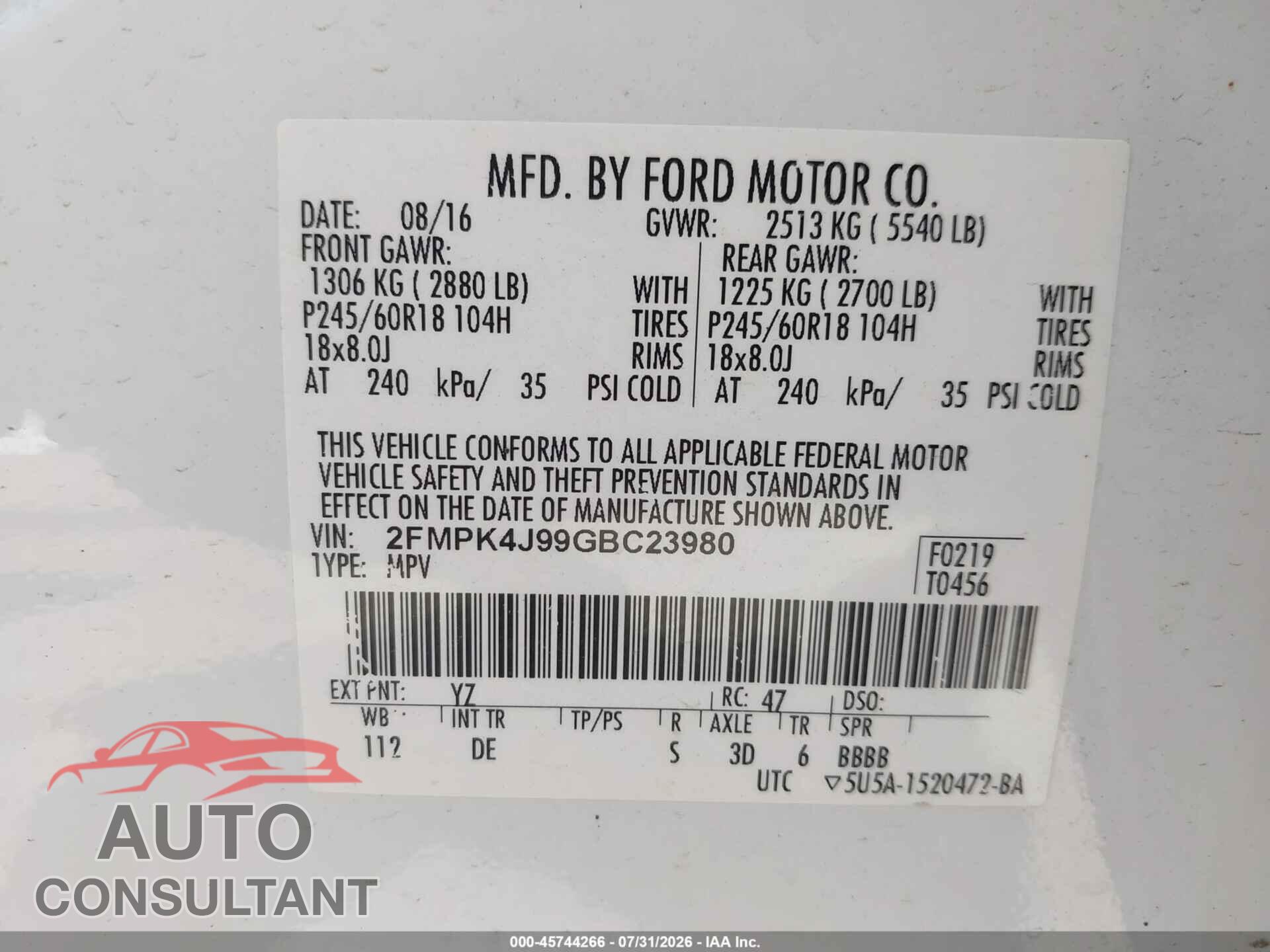 FORD EDGE 2016 - 2FMPK4J99GBC23980