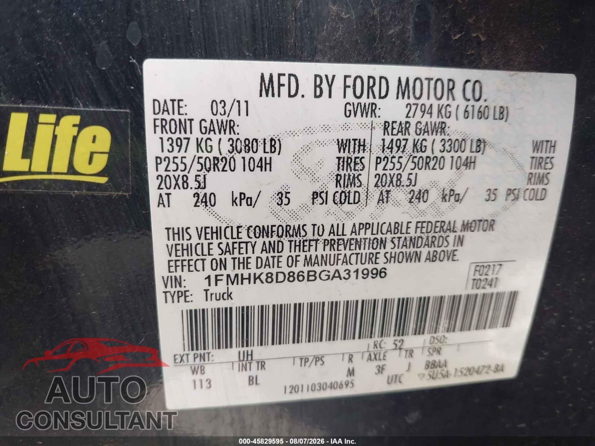 FORD EXPLORER 2011 - 1FMHK8D86BGA31996