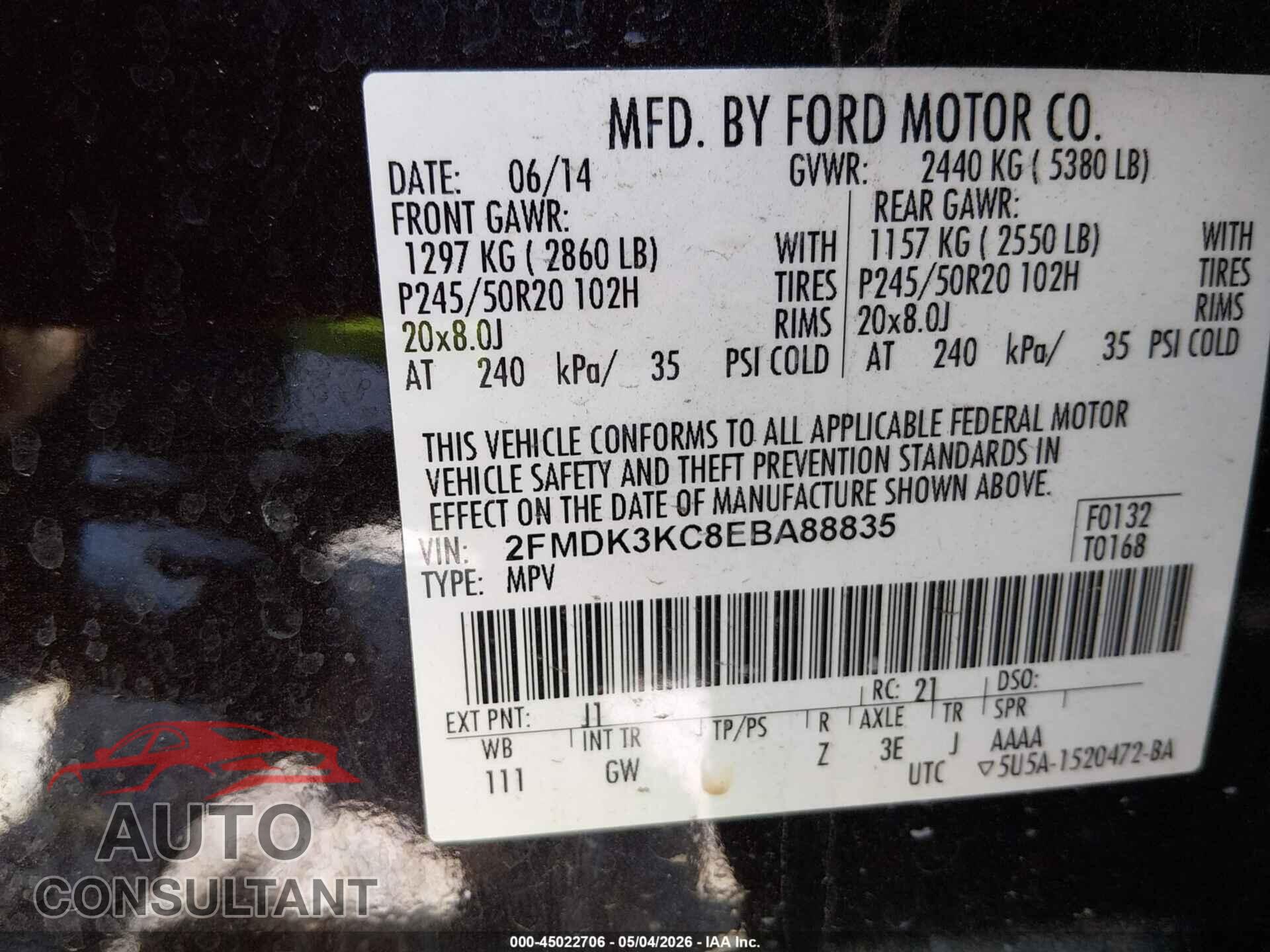 FORD EDGE 2014 - 2FMDK3KC8EBA88835