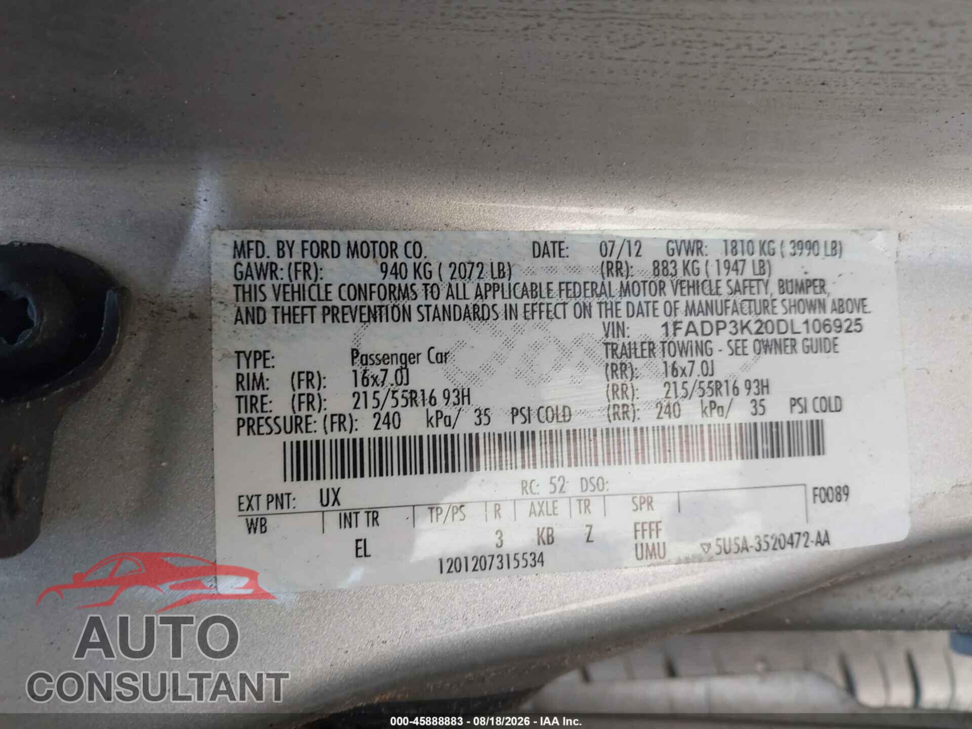 FORD FOCUS 2013 - 1FADP3K20DL106925