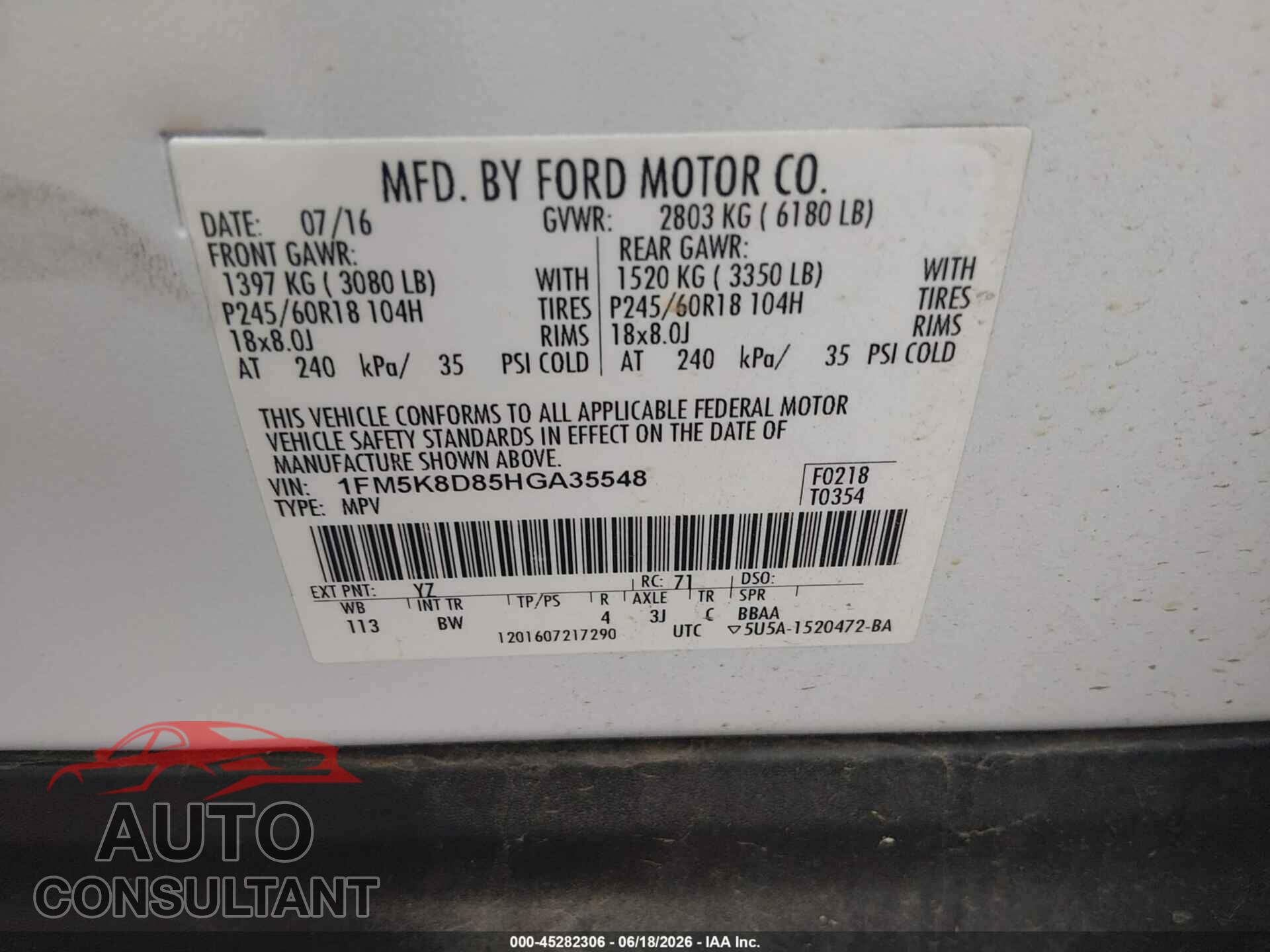 FORD EXPLORER 2017 - 1FM5K8D85HGA35548
