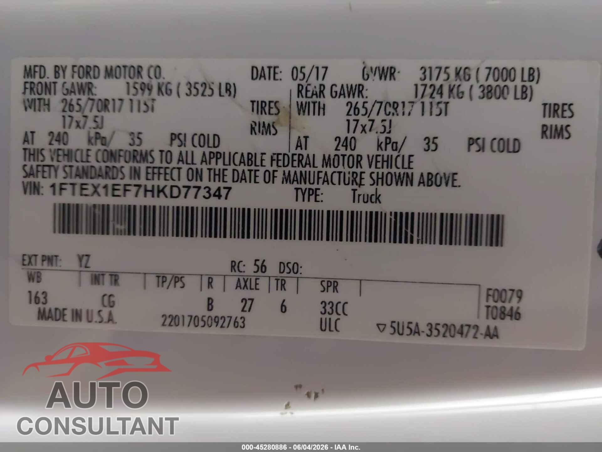 FORD F-150 2017 - 1FTEX1EF7HKD77347