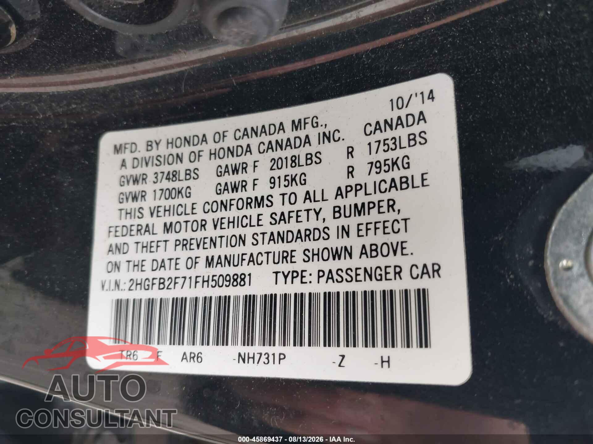 HONDA CIVIC 2015 - 2HGFB2F71FH509881