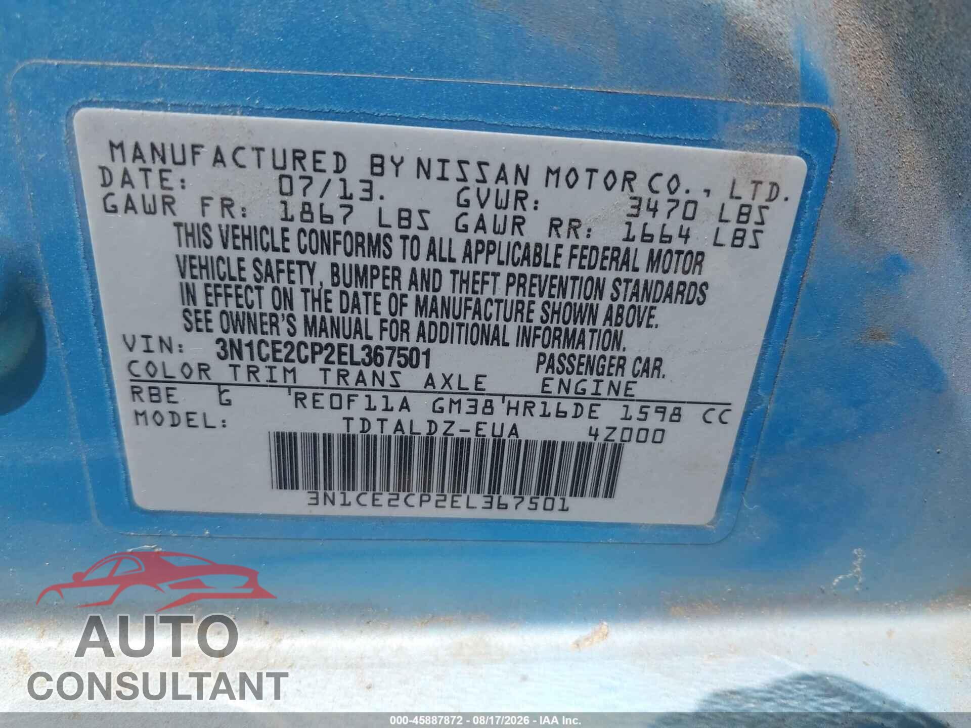 NISSAN VERSA NOTE 2014 - 3N1CE2CP2EL367501