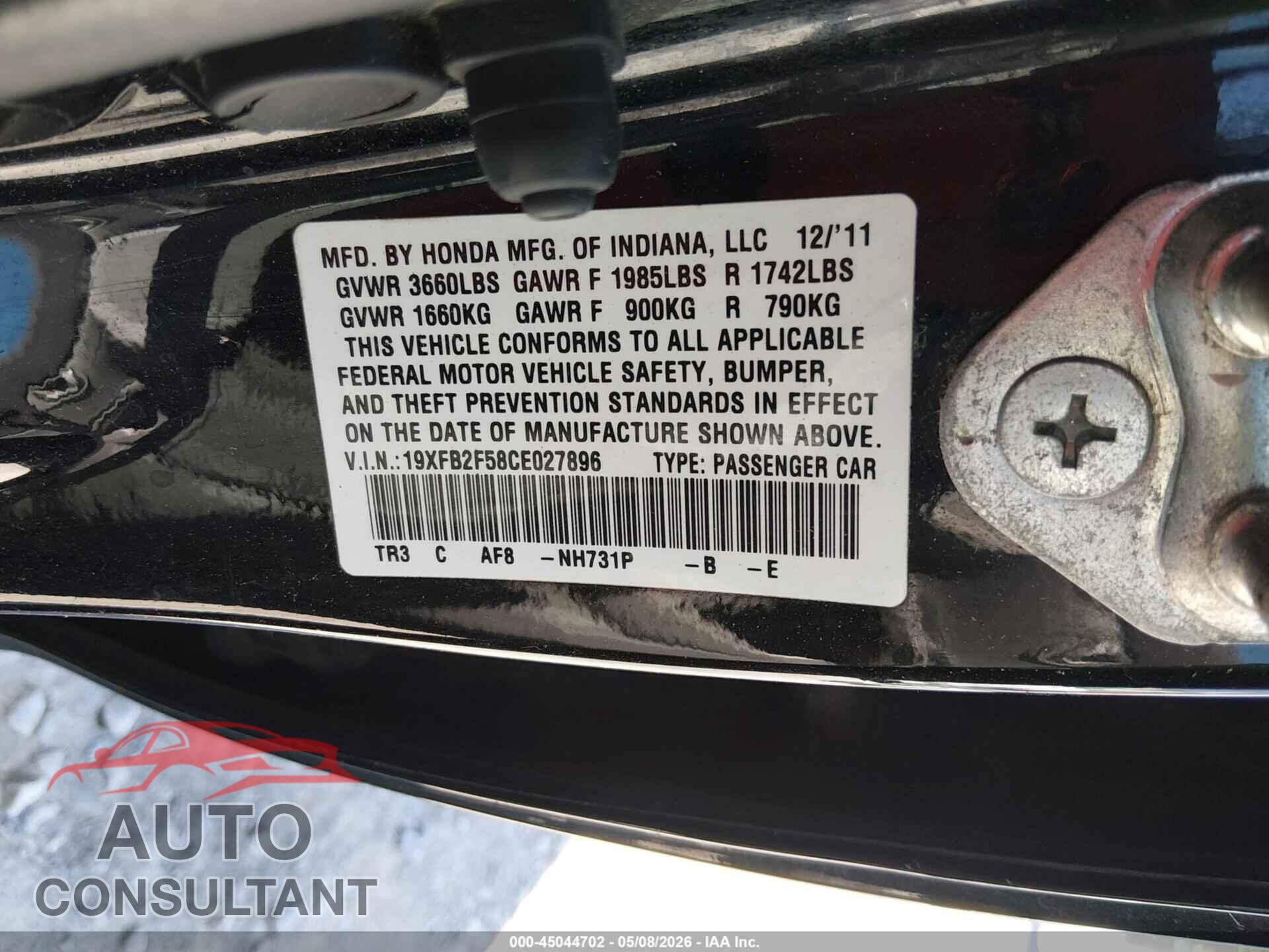 HONDA CIVIC 2012 - 19XFB2F58CE027896