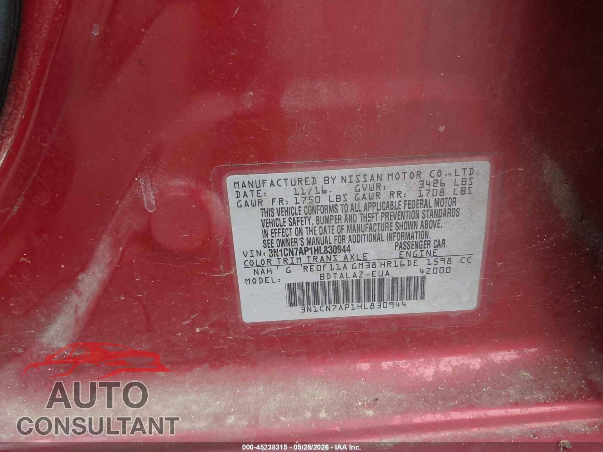 NISSAN VERSA 2017 - 3N1CN7AP1HL830944