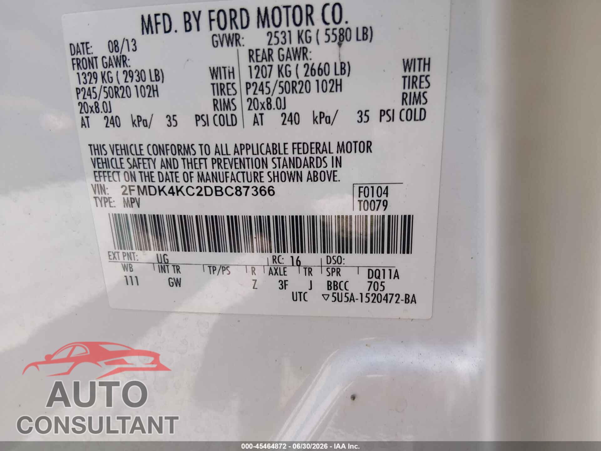 FORD EDGE 2013 - 2FMDK4KC2DBC87366