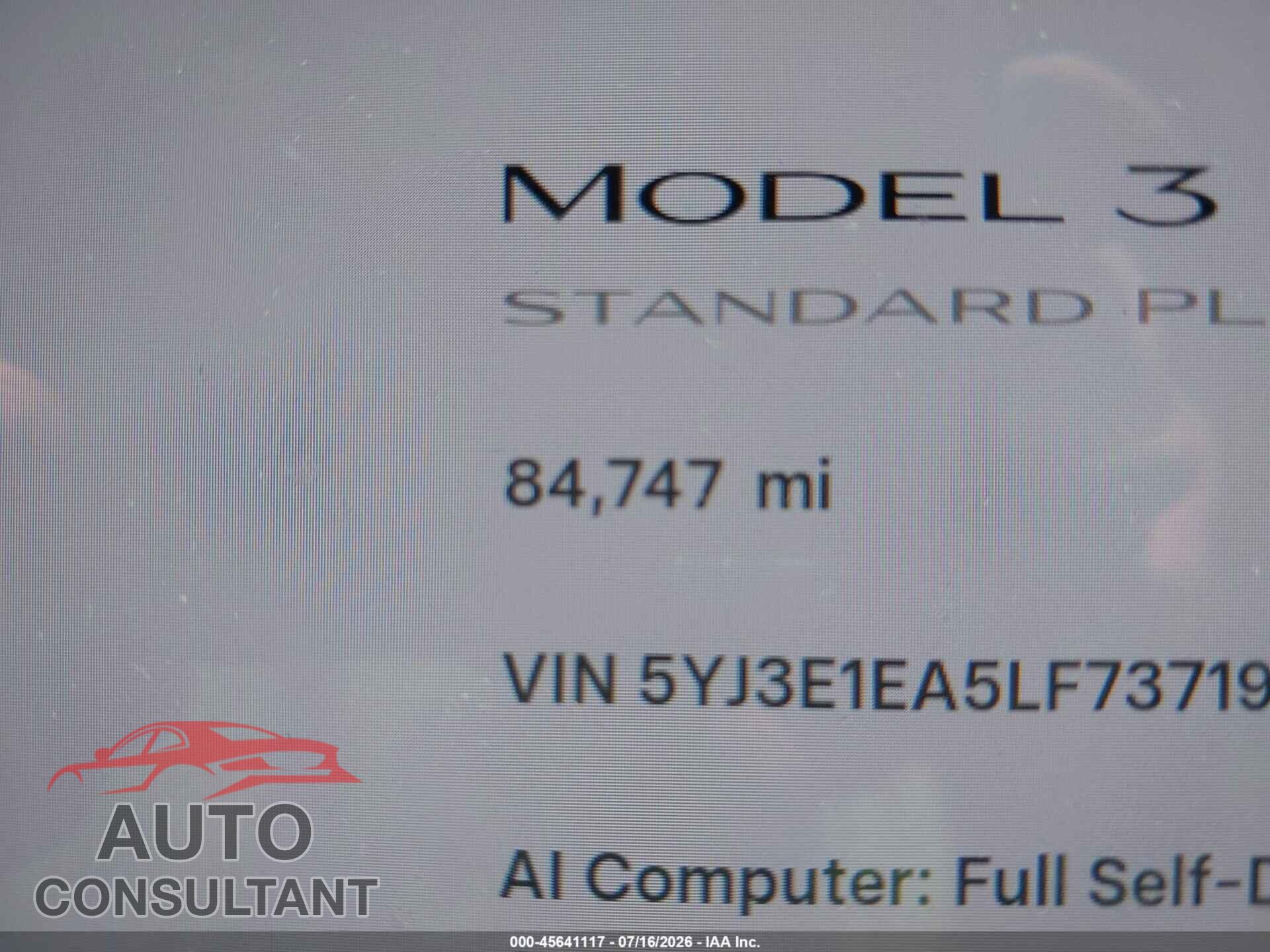 TESLA MODEL 3 2020 - 5YJ3E1EA5LF737190