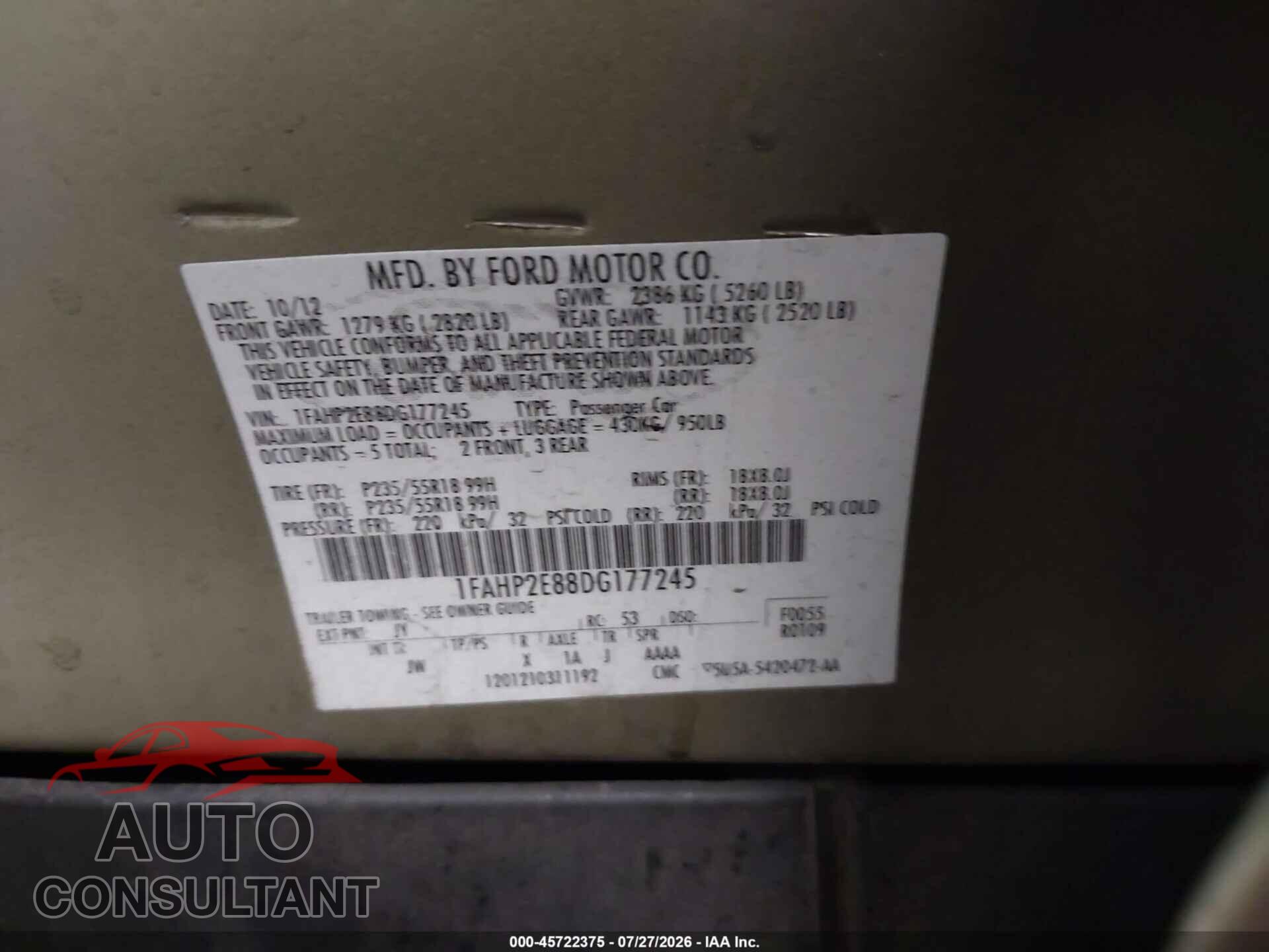 FORD TAURUS 2013 - 1FAHP2E88DG177245
