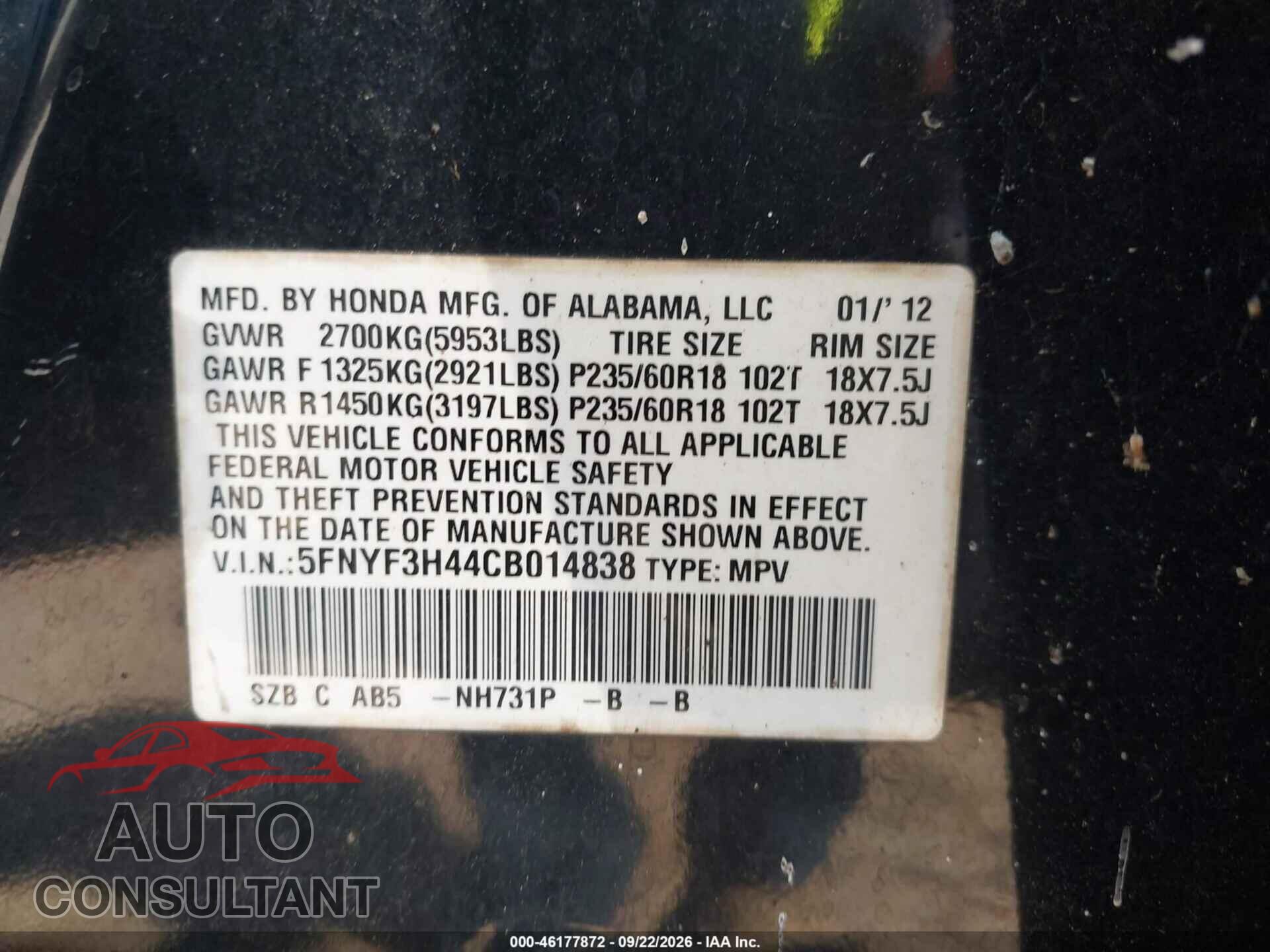 HONDA PILOT 2012 - 5FNYF3H44CB014838