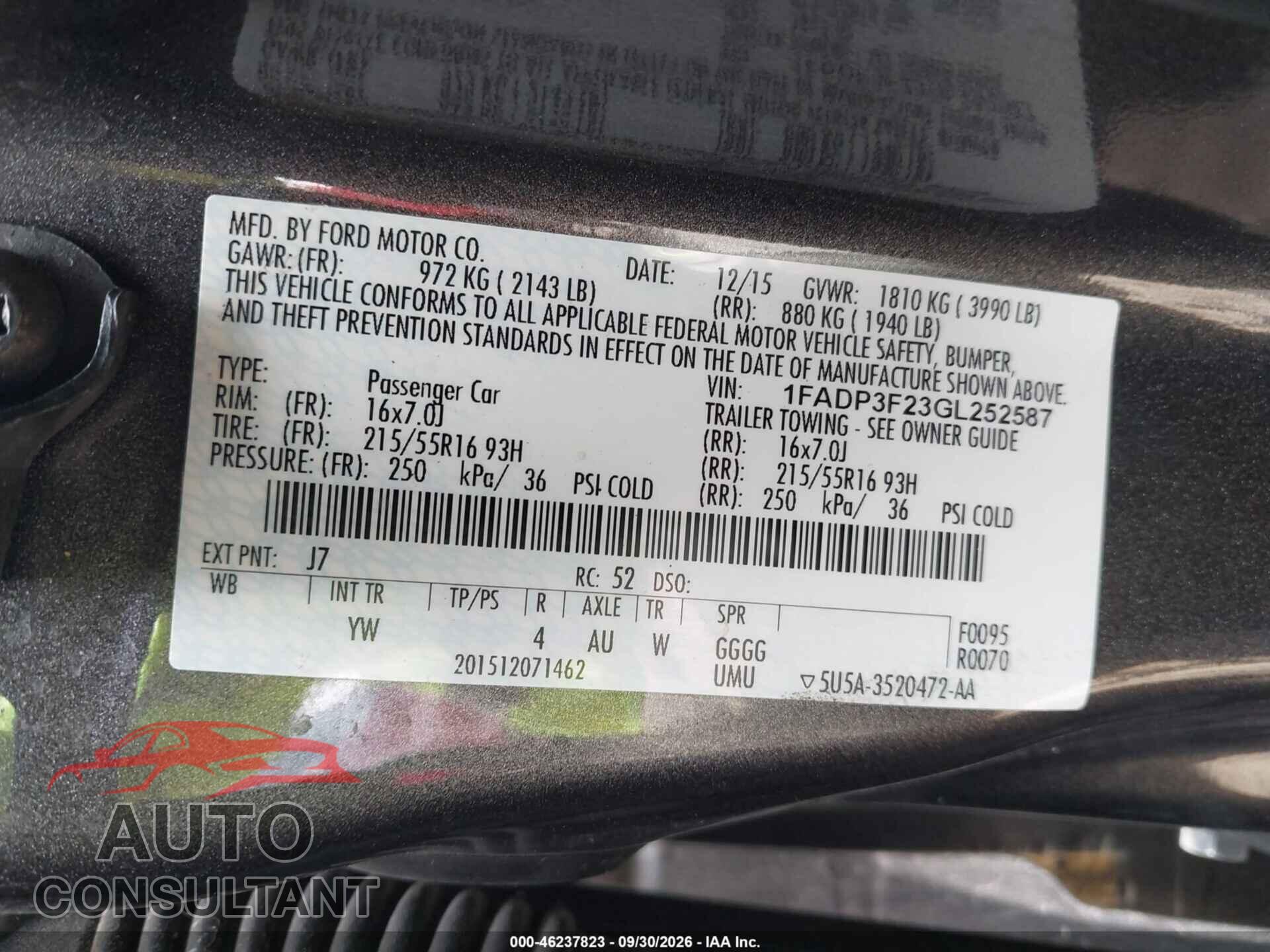 FORD FOCUS 2016 - 1FADP3F23GL252587