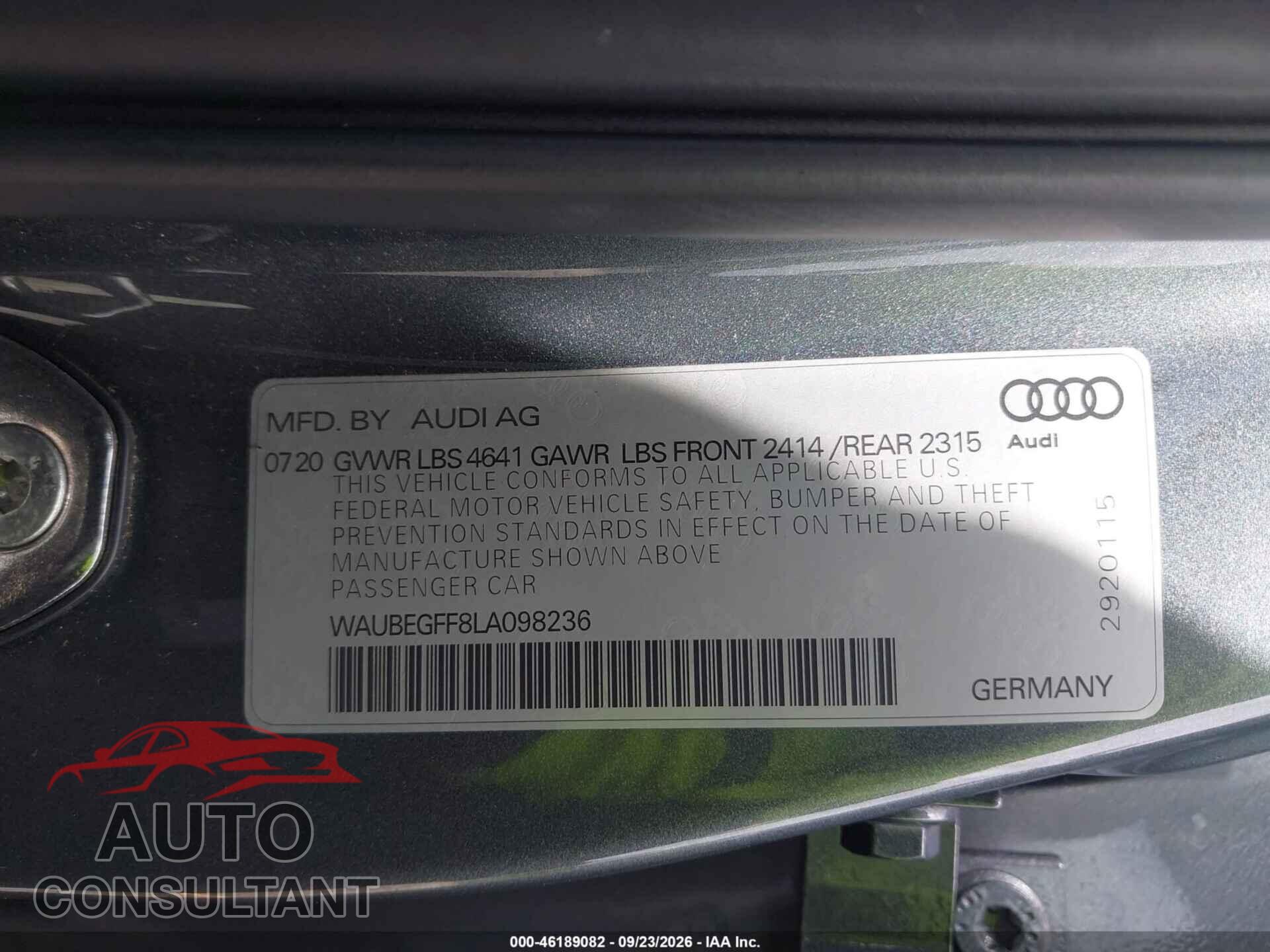 AUDI A3 2020 - WAUBEGFF8LA098236