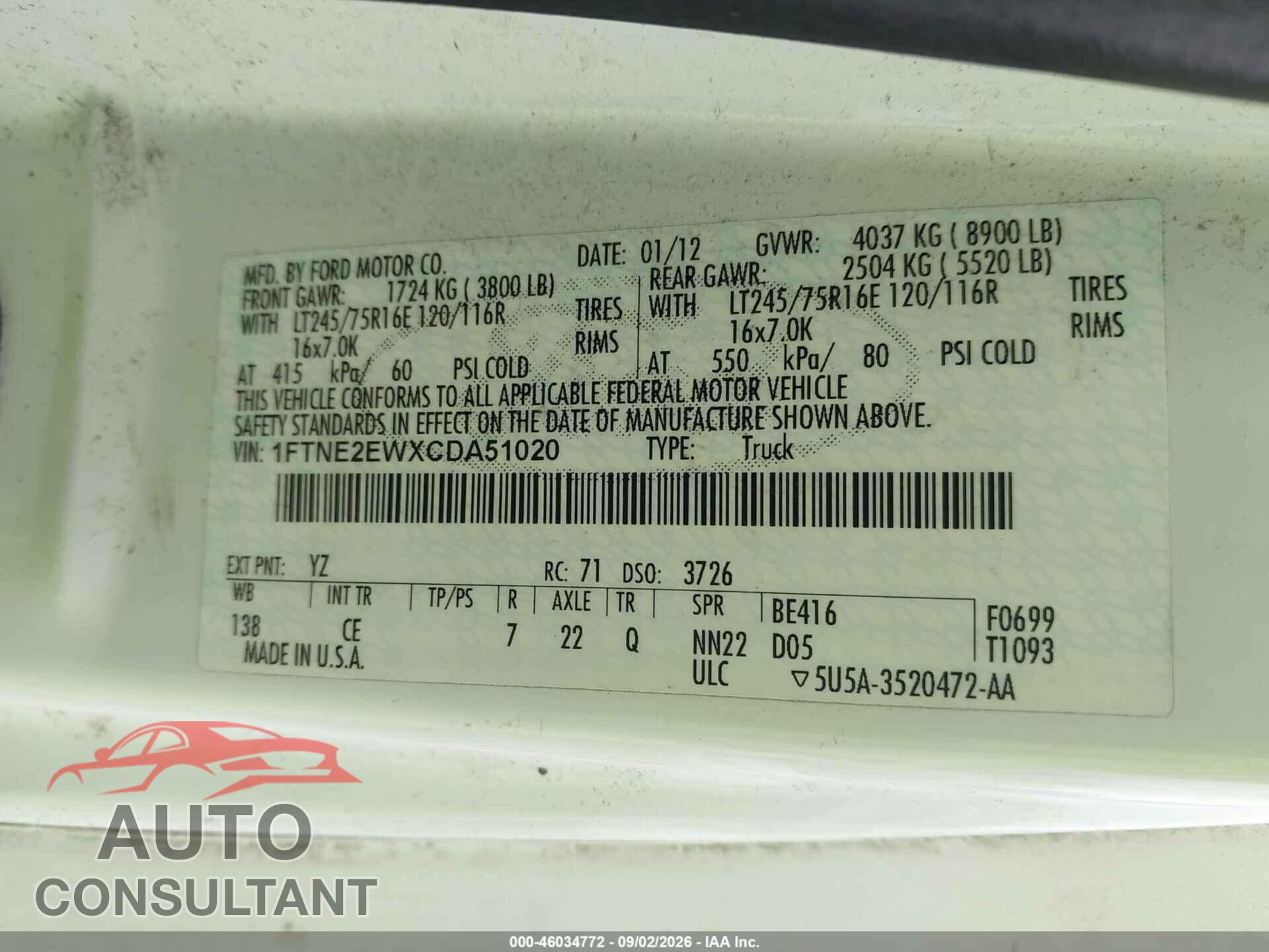 FORD E-250 2012 - 1FTNE2EWXCDA51020