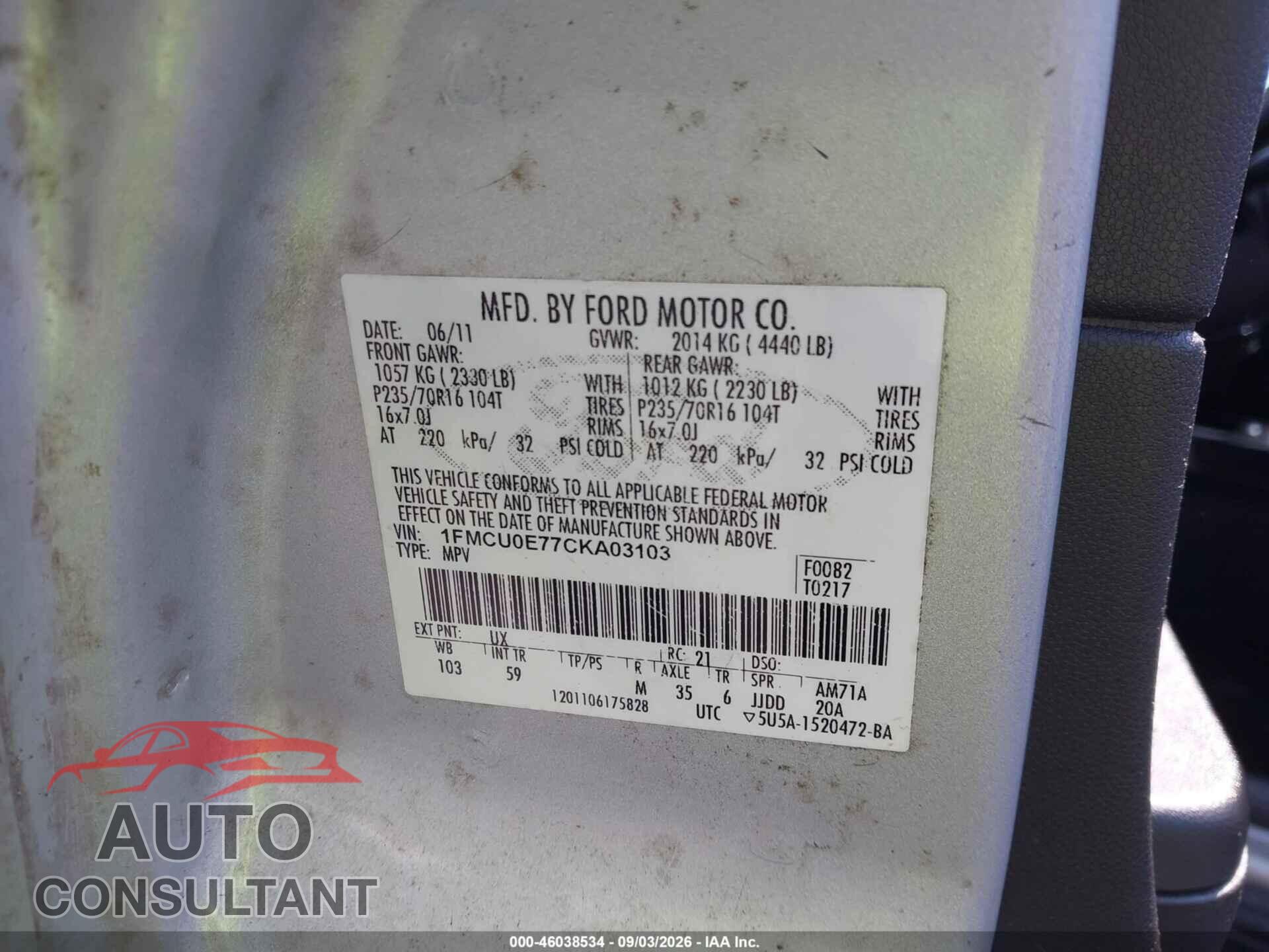 FORD ESCAPE 2012 - 1FMCU0E77CKA03103