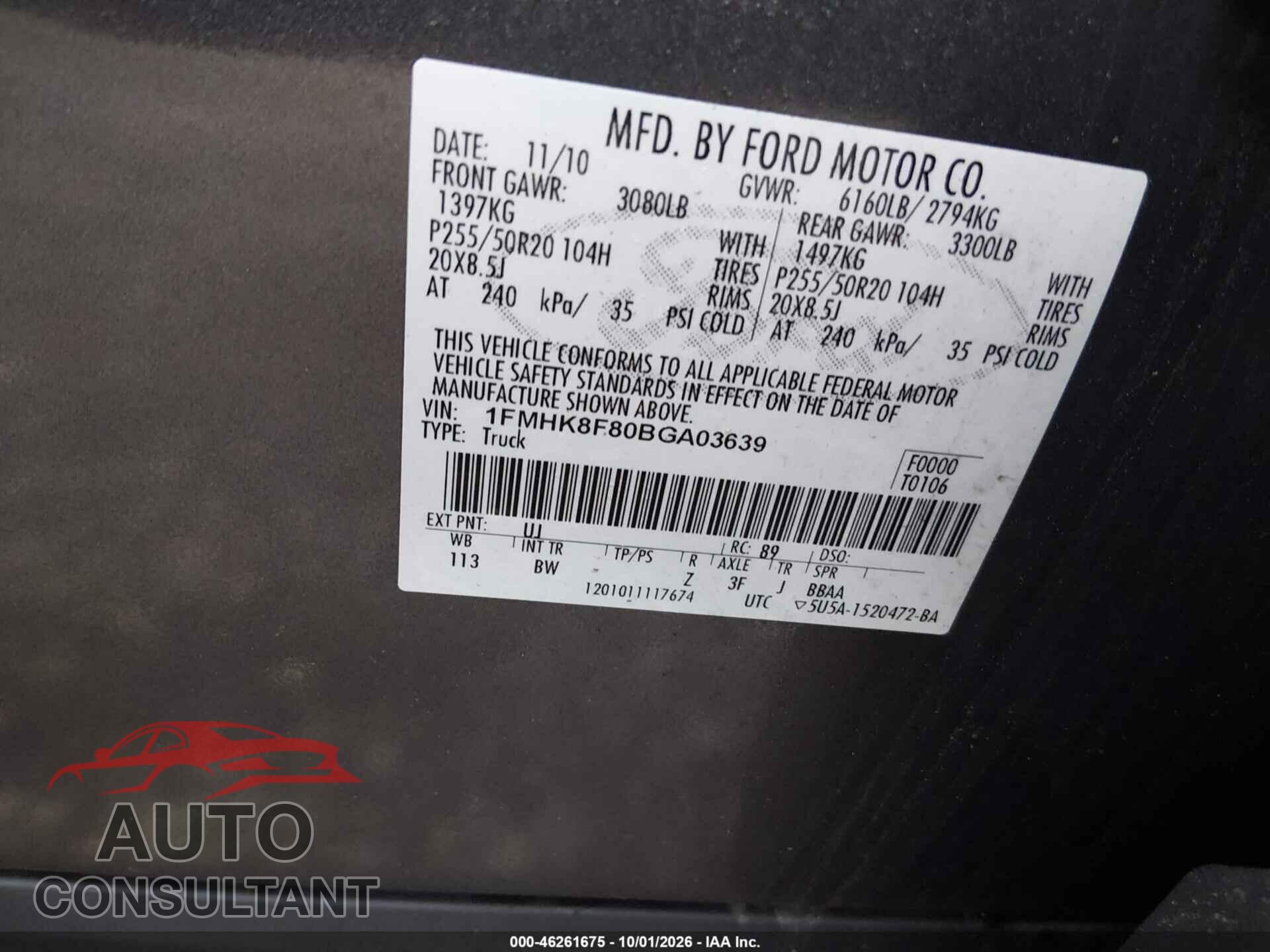 FORD EXPLORER 2011 - 1FMHK8F80BGA03639
