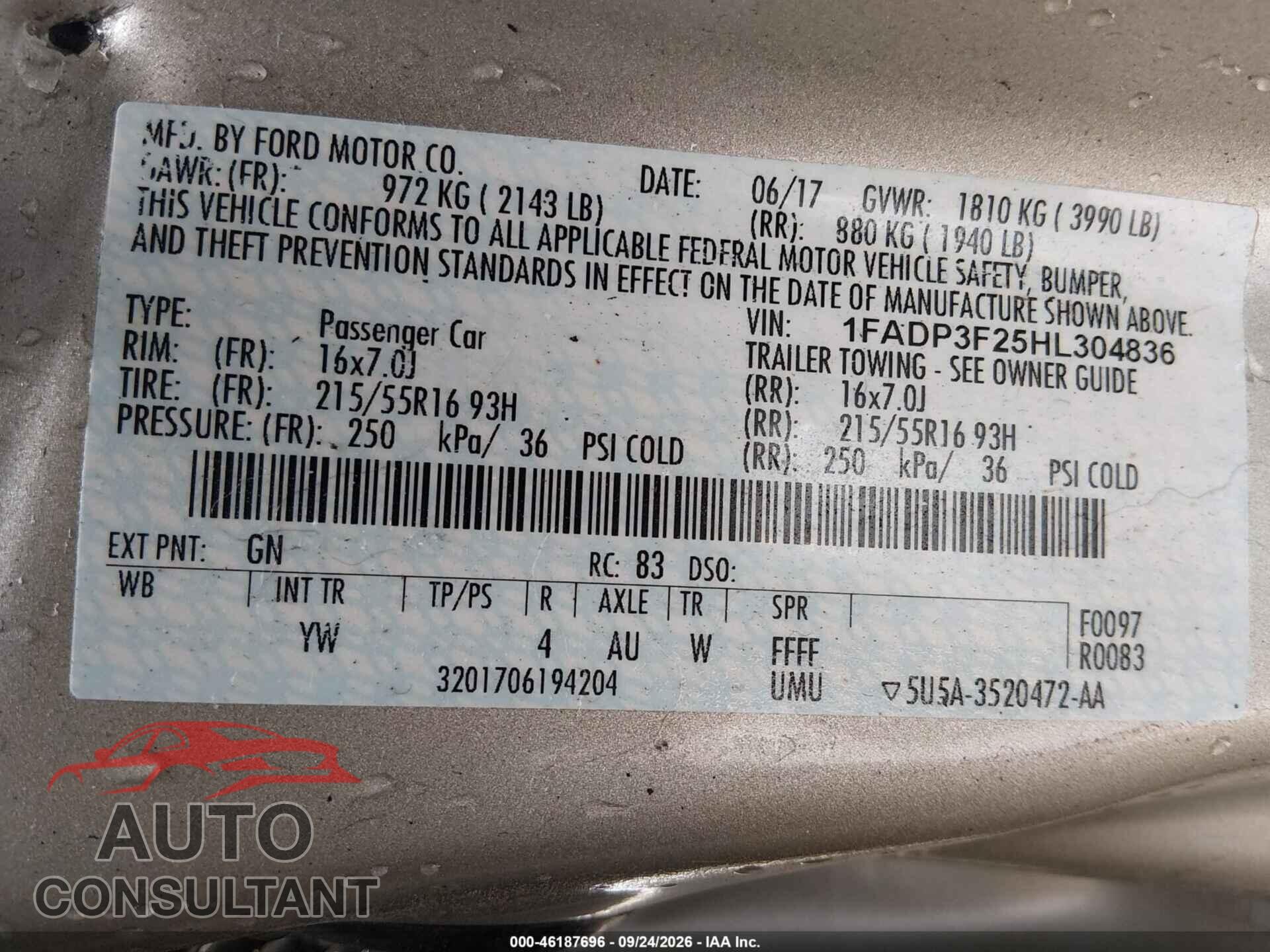 FORD FOCUS 2017 - 1FADP3F25HL304836